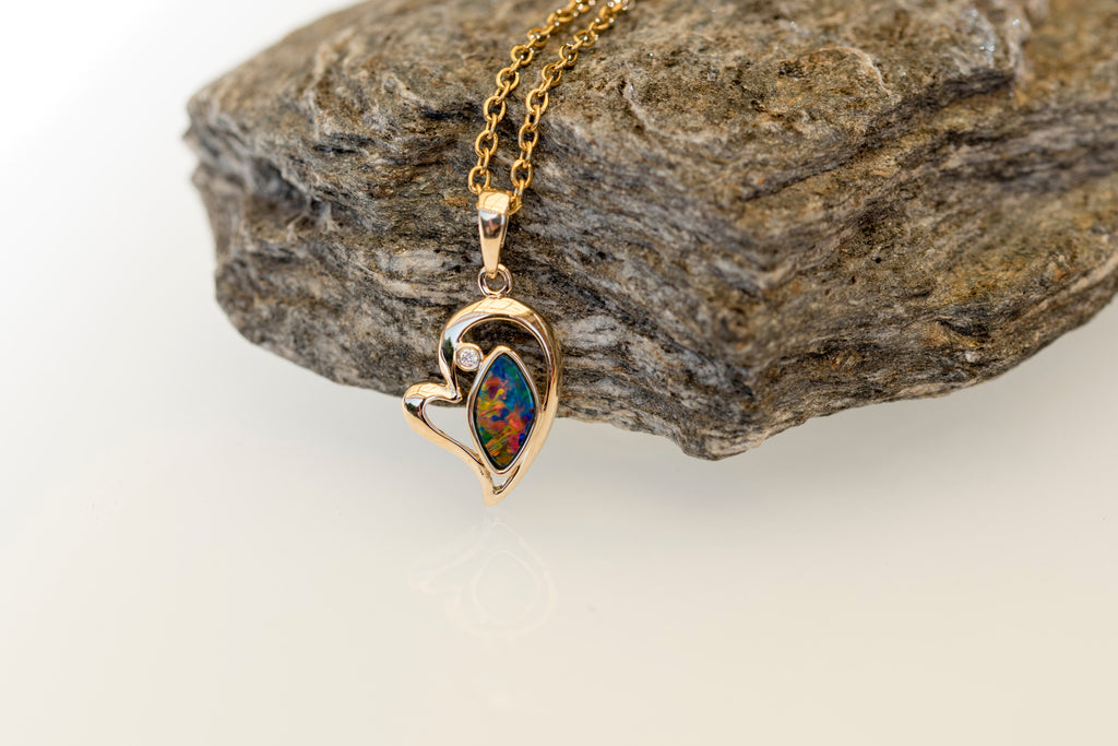Australian Opal in 14K Solid Yellow Gold - Luxury Multi Color Fire Opal Necklace - Genuine Australian Doublet Opal Gem Stone Pendant