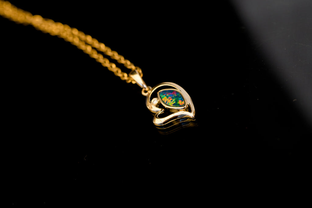 Australian Opal in 14K Solid Yellow Gold - Luxury Multi Color Fire Opal Necklace - Genuine Australian Doublet Opal Gem Stone Pendant