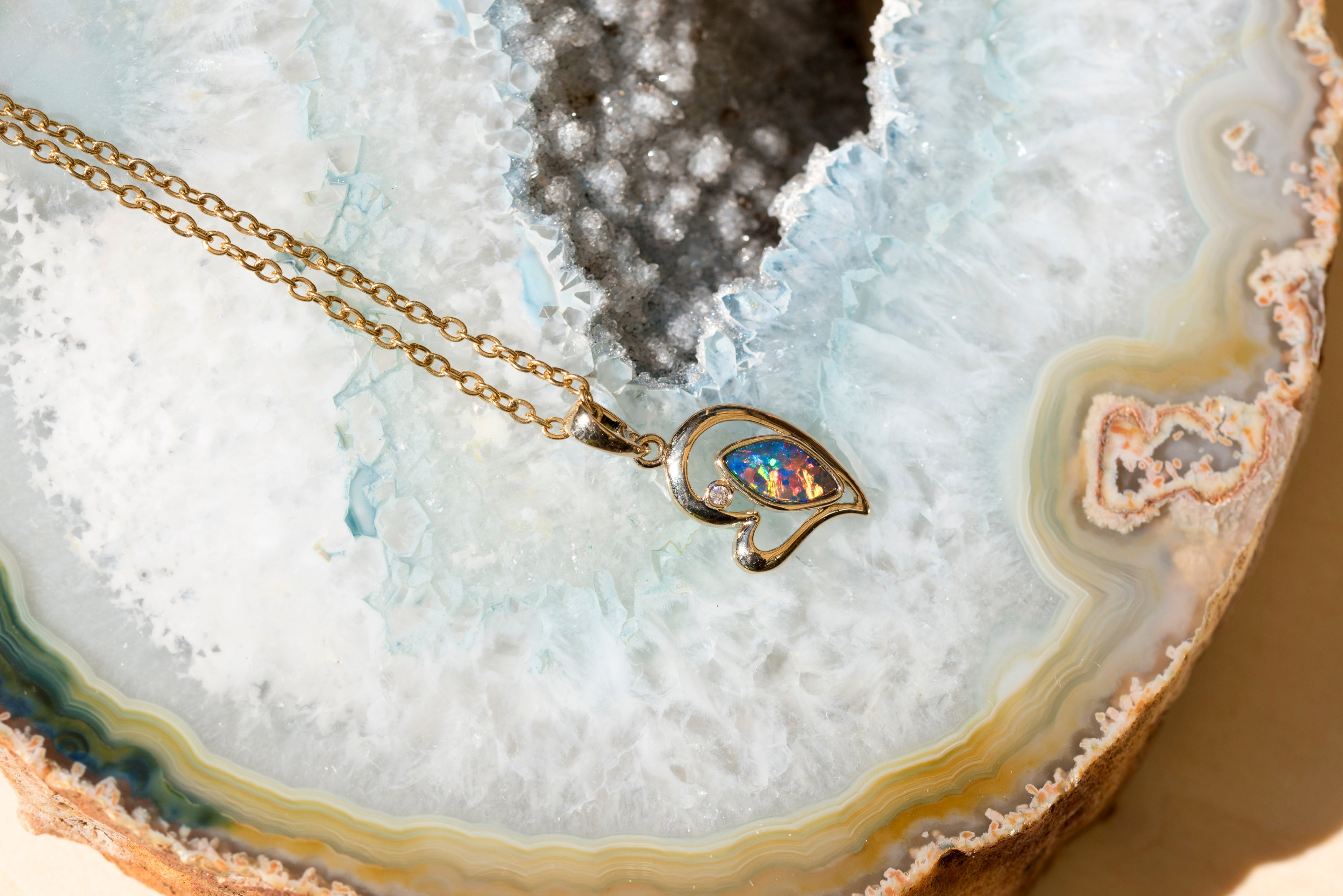 Australian Opal in 14K Solid Yellow Gold - Luxury Multi Color Fire Opal Necklace - Genuine Australian Doublet Opal Gem Stone Pendant