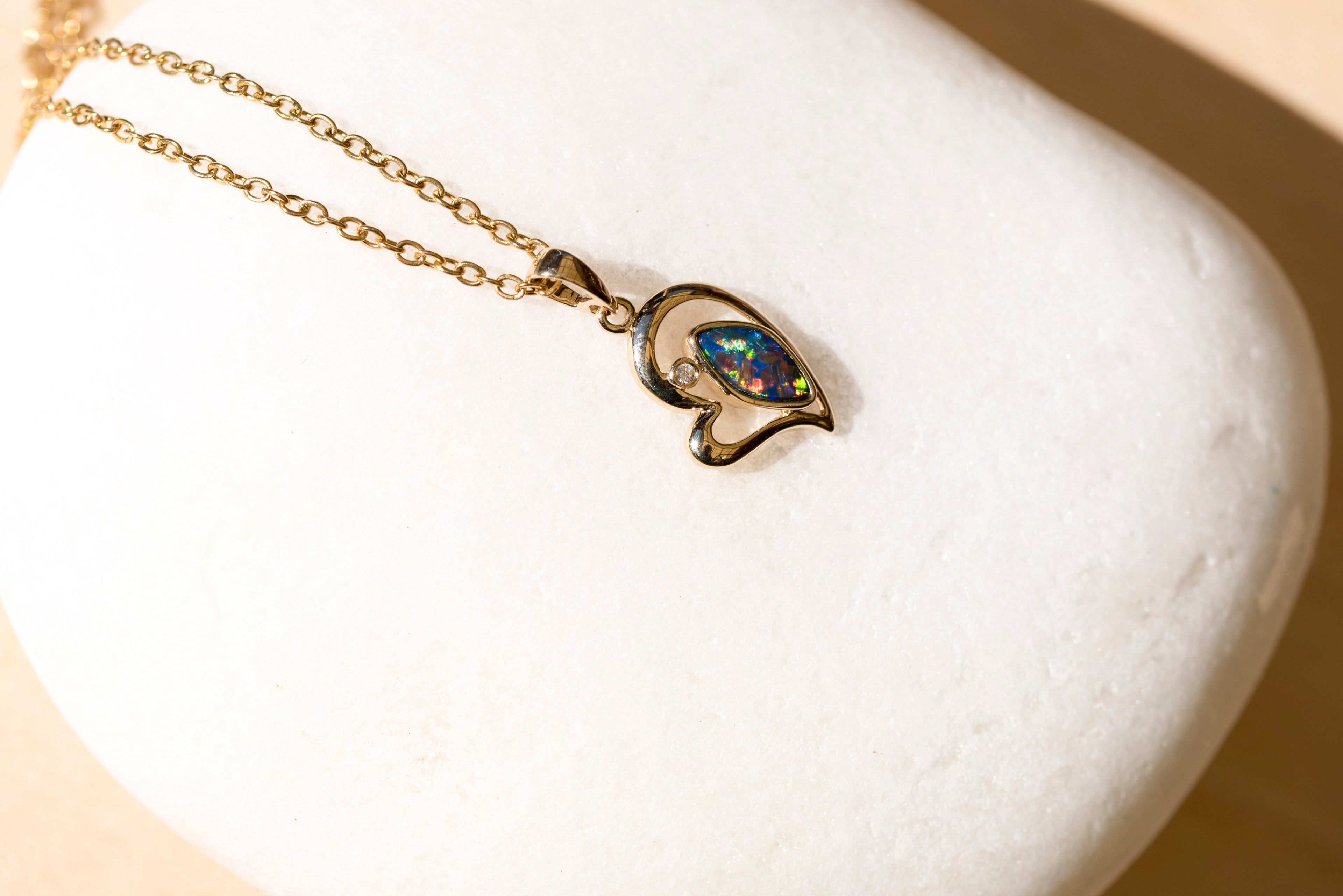 Australian Opal in 14K Solid Yellow Gold - Luxury Multi Color Fire Opal Necklace - Genuine Australian Doublet Opal Gem Stone Pendant