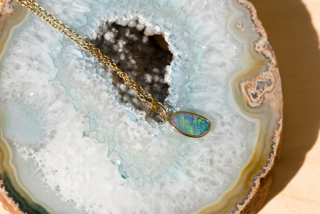 Genuine Australian Fire Opal Pendant - Authentic Australian Doublet Opal Pendant Necklace in Sterling Silver Yellow Gold Plated