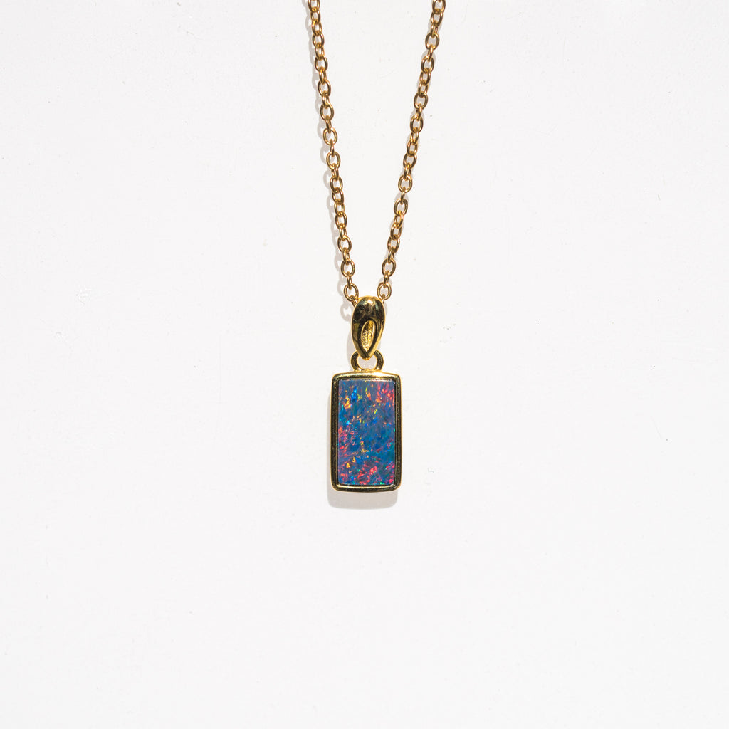 Genuine Australian Fire Opal Necklace - Authentic Australian Doublet Opal Pendant Necklace in Sterling Silver Yellow Gold Plated