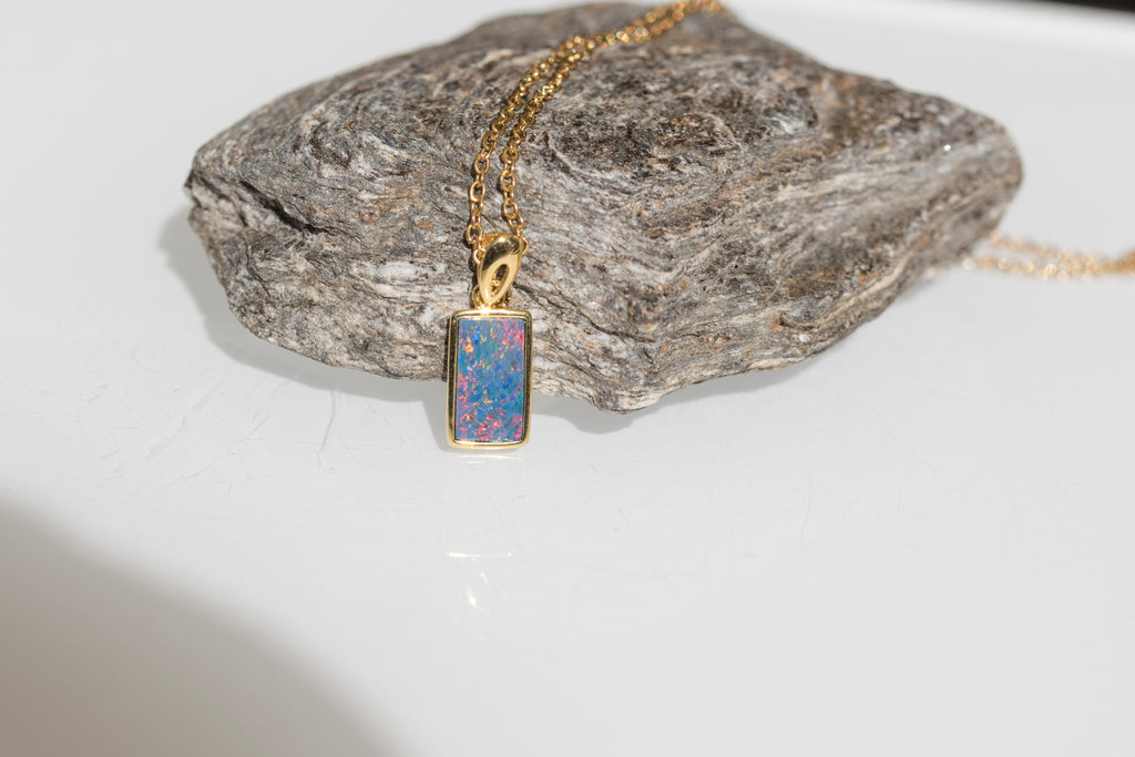 Genuine Australian Fire Opal Necklace - Authentic Australian Doublet Opal Pendant Necklace in Sterling Silver Yellow Gold Plated
