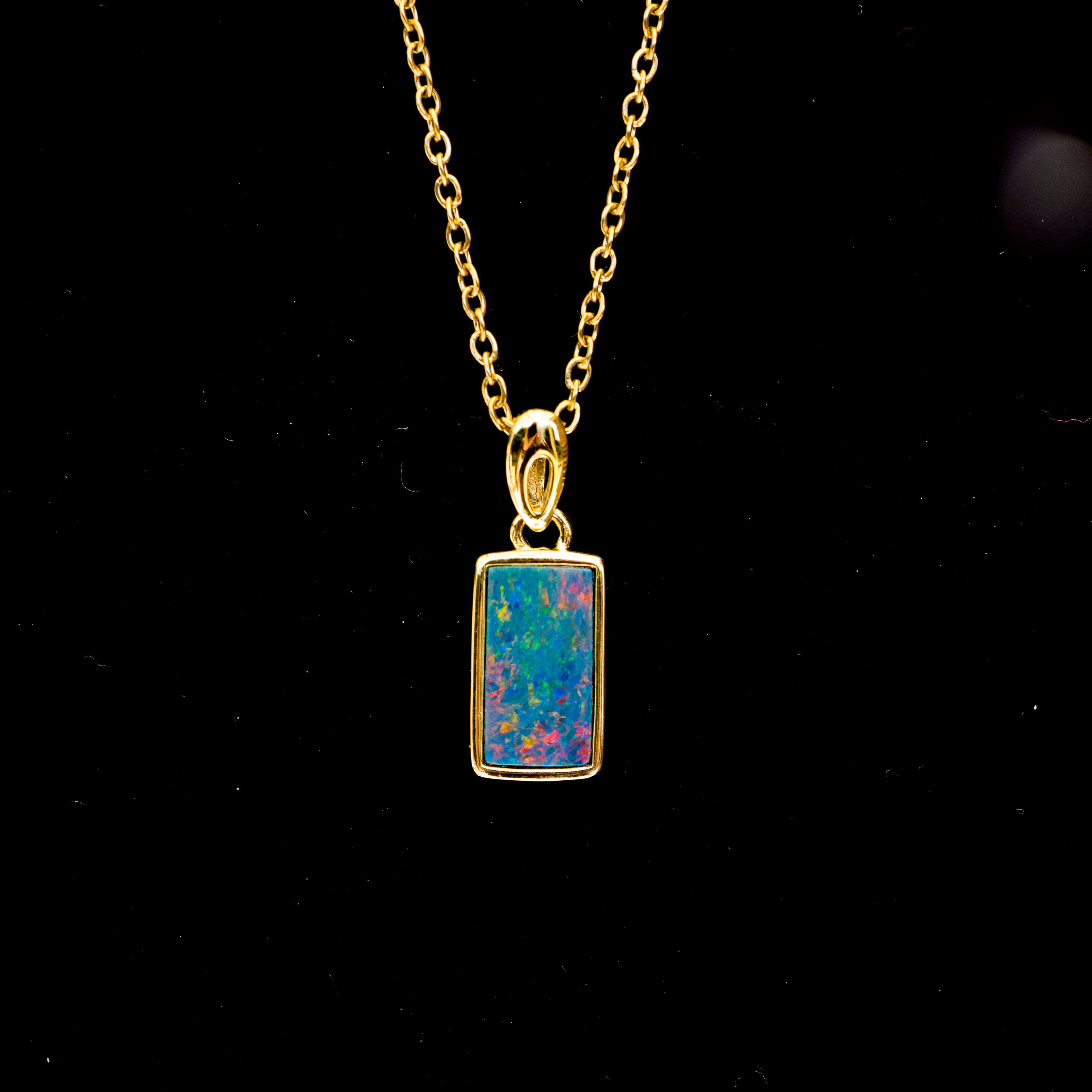 Genuine Australian Fire Opal Necklace - Authentic Australian Doublet Opal Pendant Necklace in Sterling Silver Yellow Gold Plated