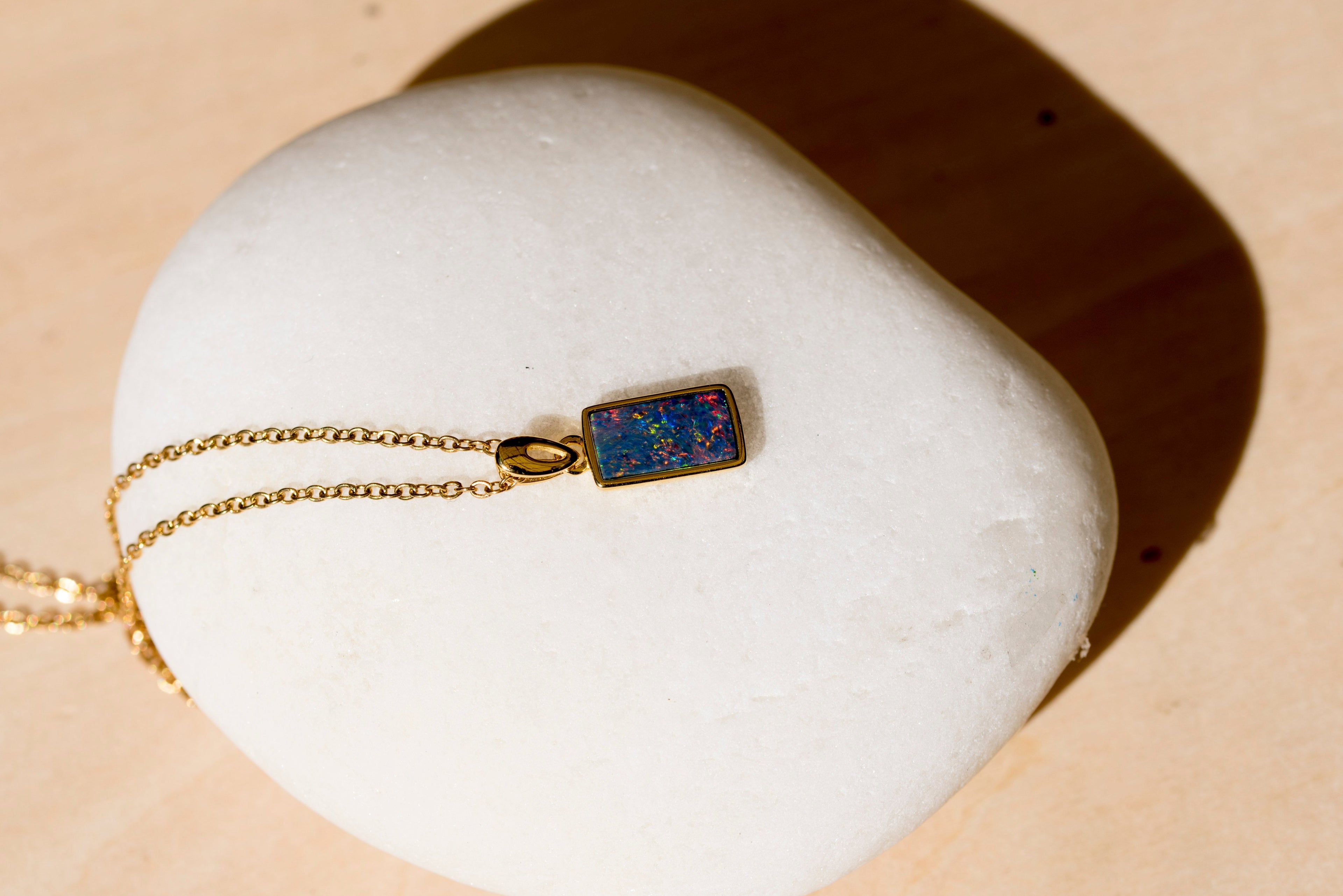 Genuine Australian Fire Opal Necklace - Authentic Australian Doublet Opal Pendant Necklace in Sterling Silver Yellow Gold Plated