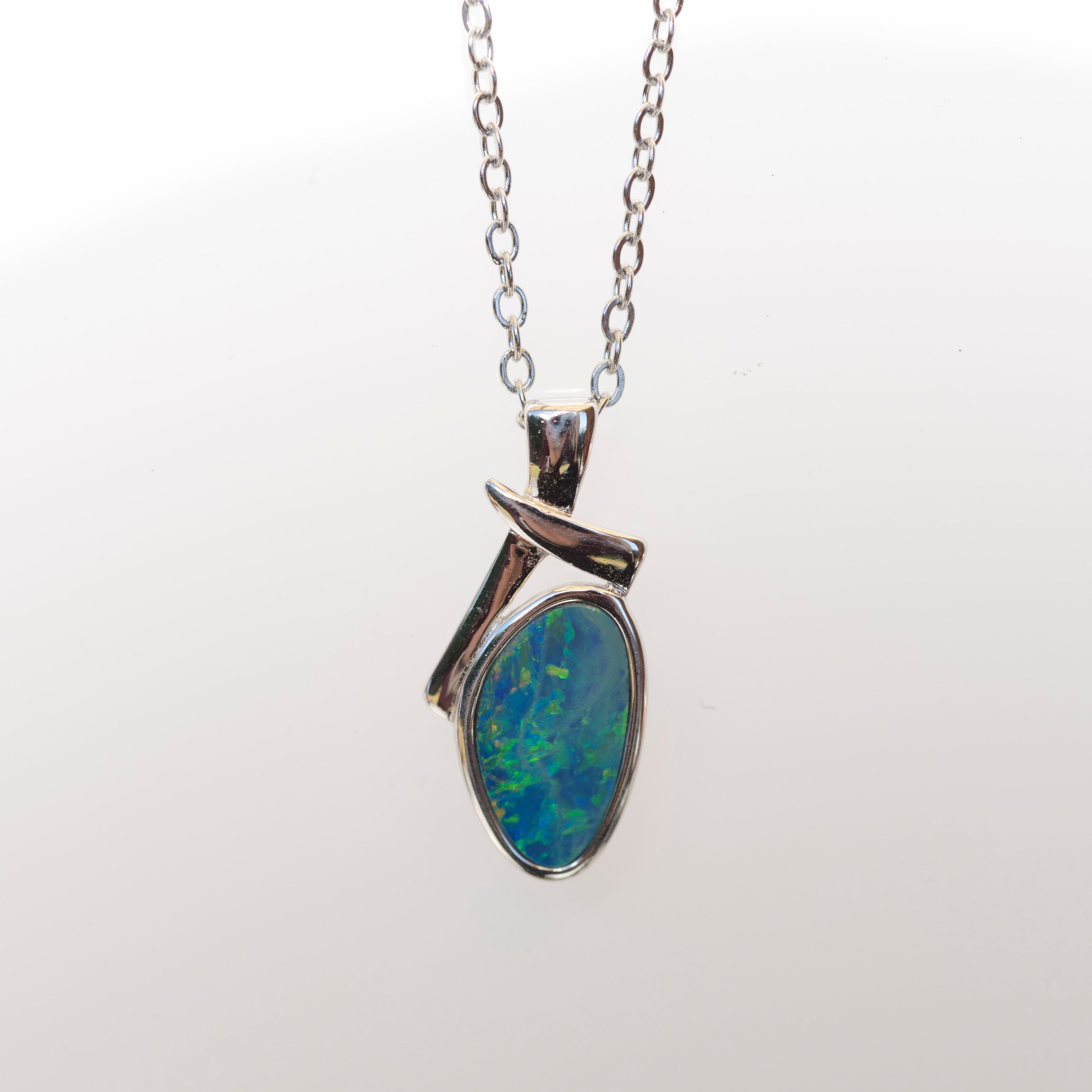 Genuine Australian Fire Opal - Authentic Australian Doublet Opal Necklace Pendant in Sterling Silver White Gold Plated