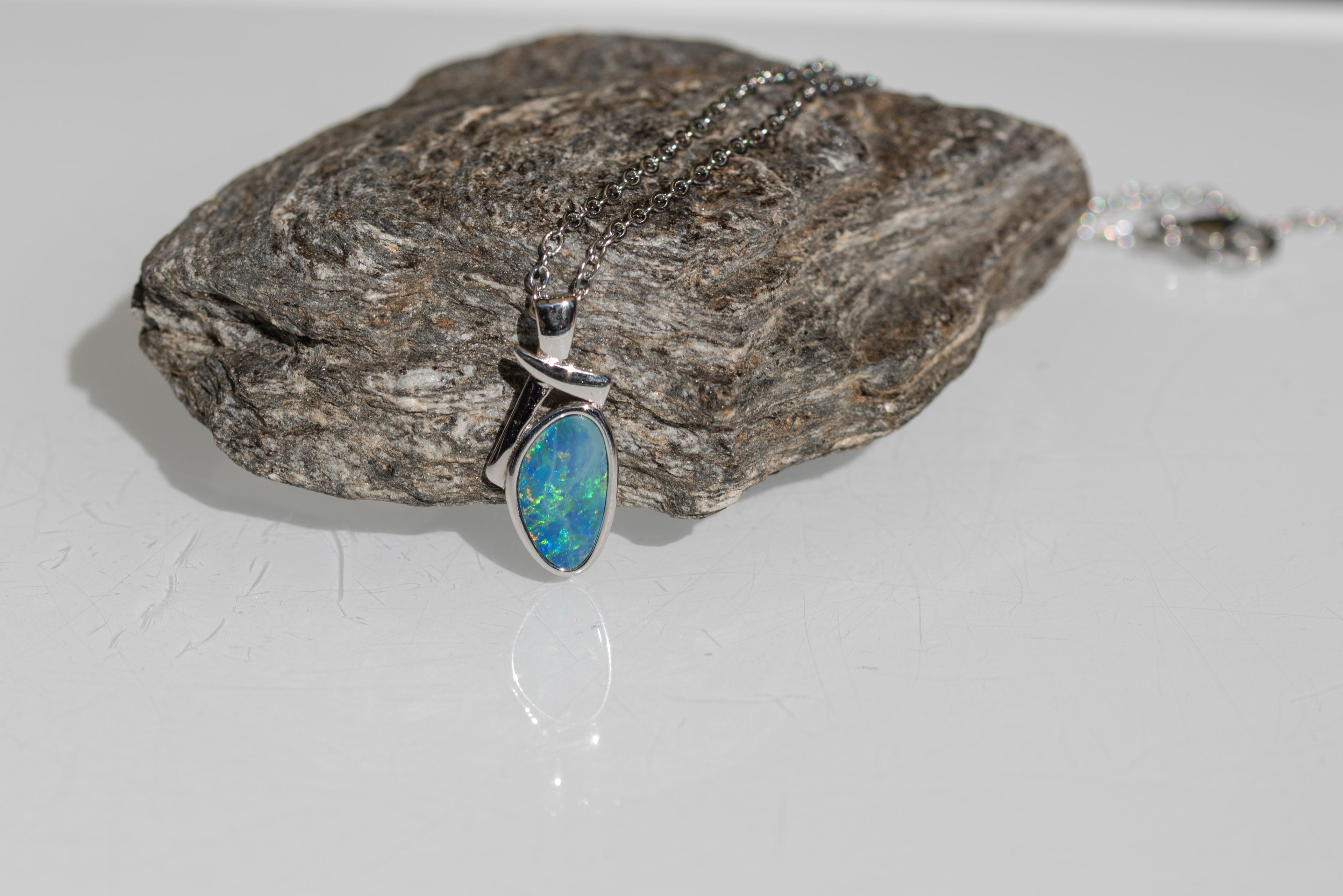 Genuine Australian Fire Opal - Authentic Australian Doublet Opal Necklace Pendant in Sterling Silver White Gold Plated