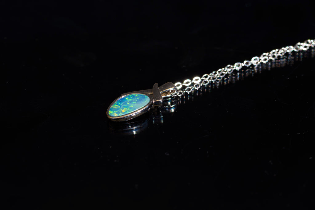 Genuine Australian Fire Opal - Authentic Australian Doublet Opal Necklace Pendant in Sterling Silver White Gold Plated