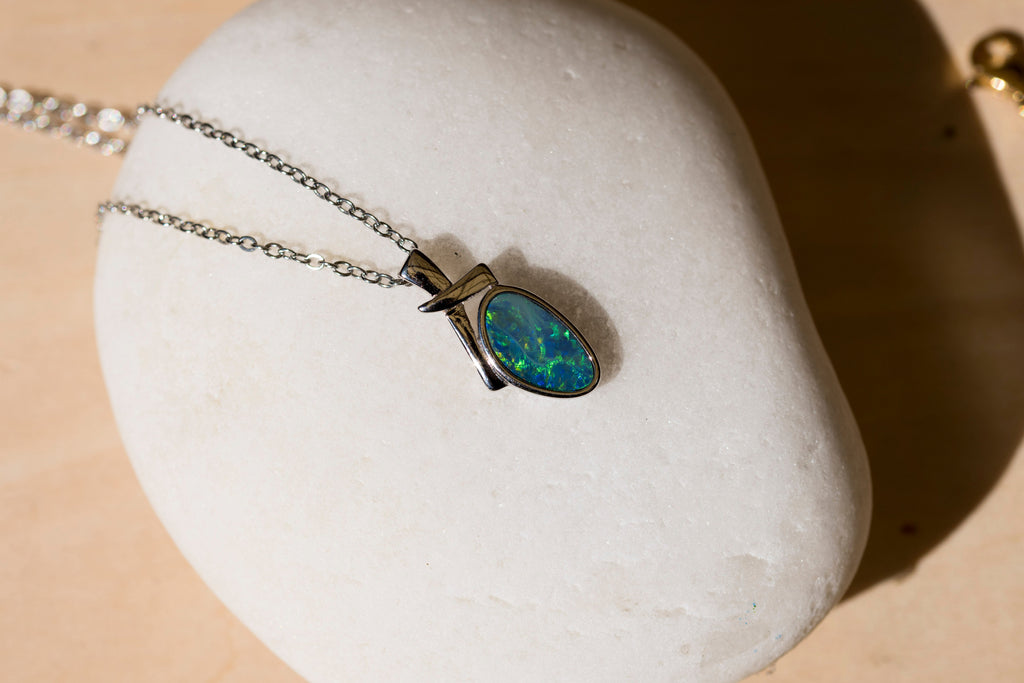 Genuine Australian Fire Opal - Authentic Australian Doublet Opal Necklace Pendant in Sterling Silver White Gold Plated