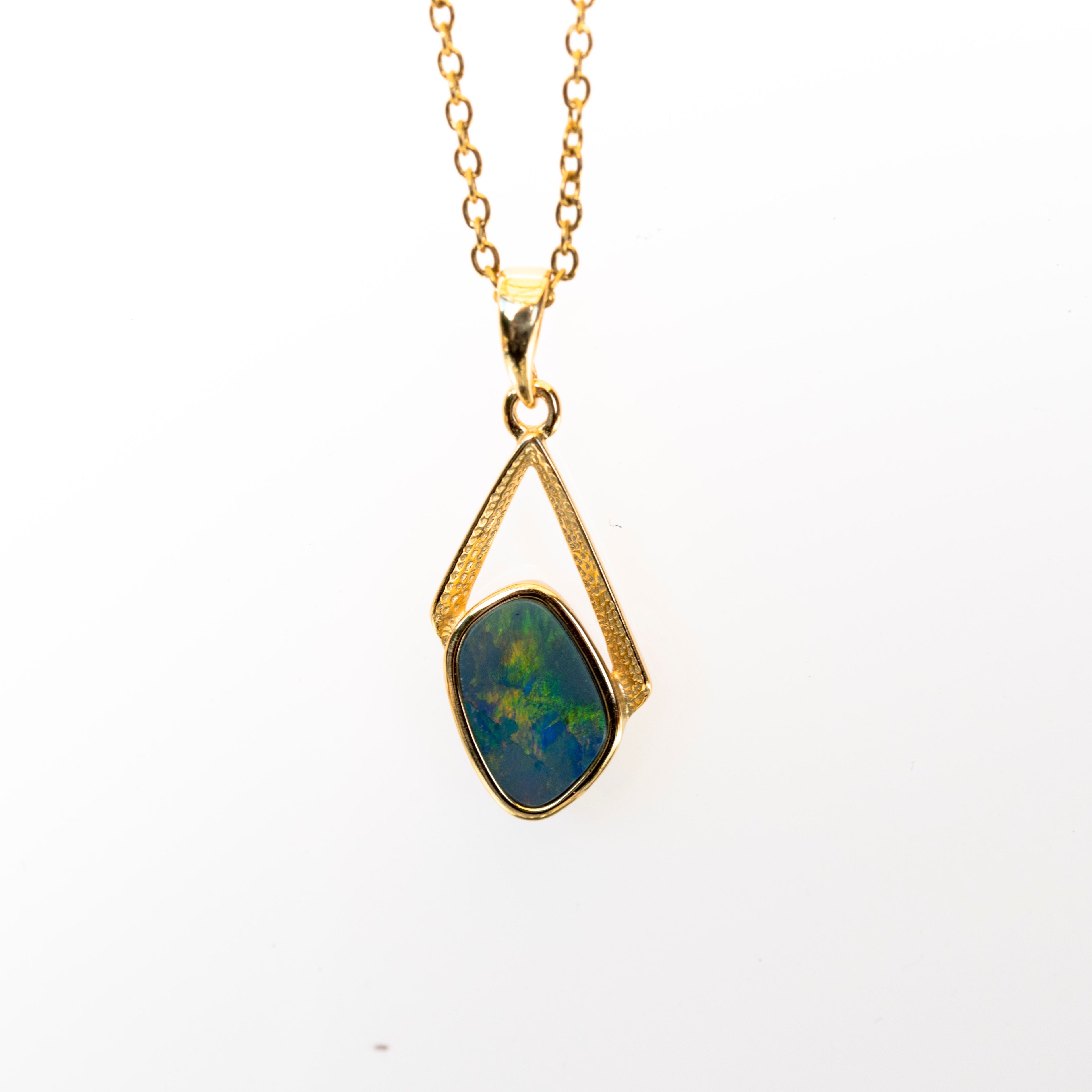 Genuine Australian Fire Opal Jewelry - Authentic Australian Doublet Opal Pendant Necklace in Sterling Silver Yellow Gold Plated