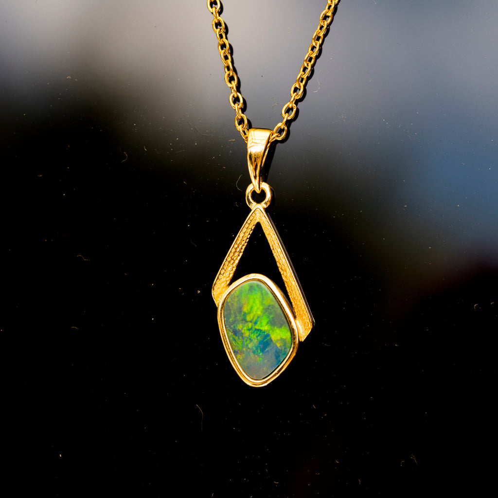 Genuine Australian Fire Opal Jewelry - Authentic Australian Doublet Opal Pendant Necklace in Sterling Silver Yellow Gold Plated