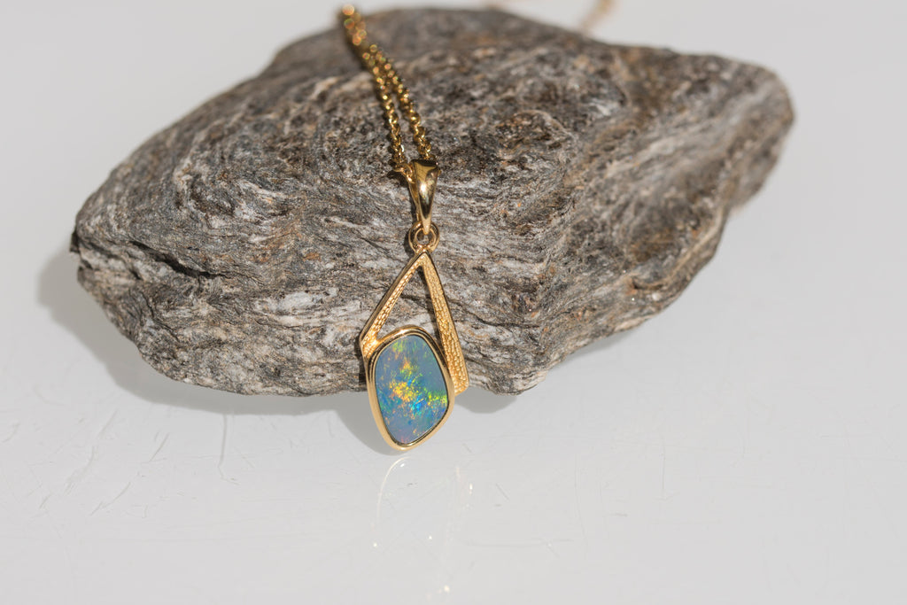 Genuine Australian Fire Opal Jewelry - Authentic Australian Doublet Opal Pendant Necklace in Sterling Silver Yellow Gold Plated