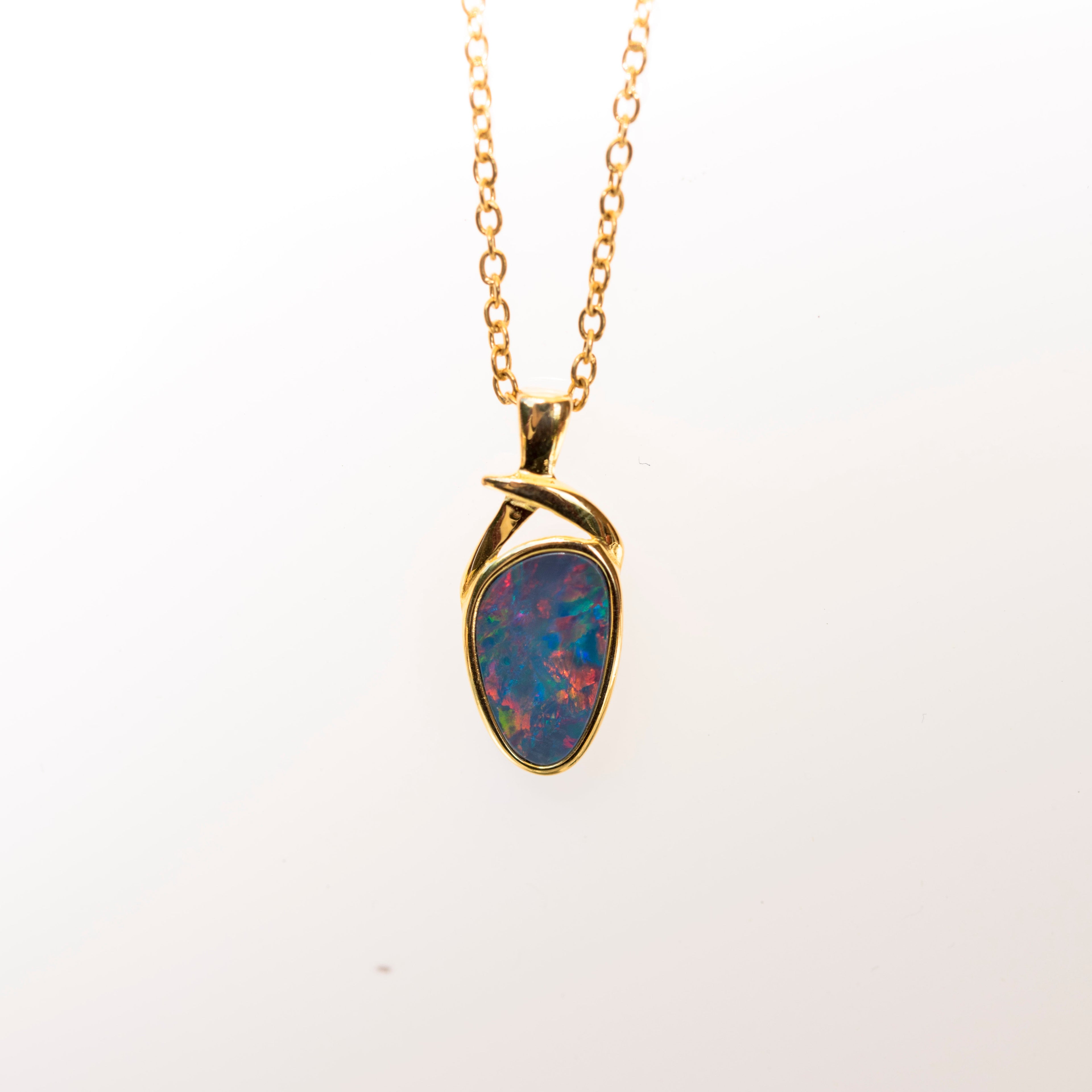 Genuine Australian Fire Opal - Simple Design Australian Doublet Opal Pendant Necklace in Sterling Silver Yellow Gold Plated