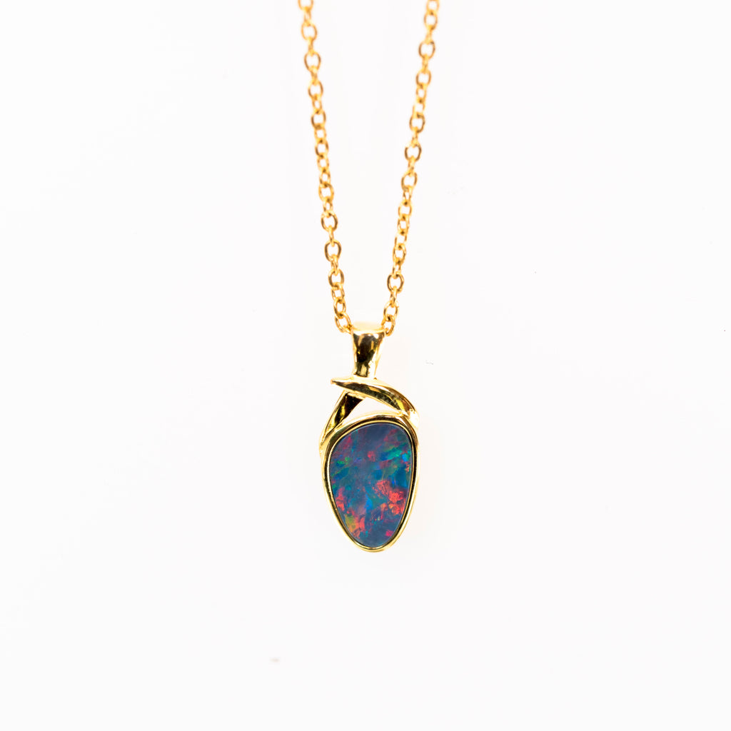 Genuine Australian Fire Opal - Simple Design Australian Doublet Opal Pendant Necklace in Sterling Silver Yellow Gold Plated