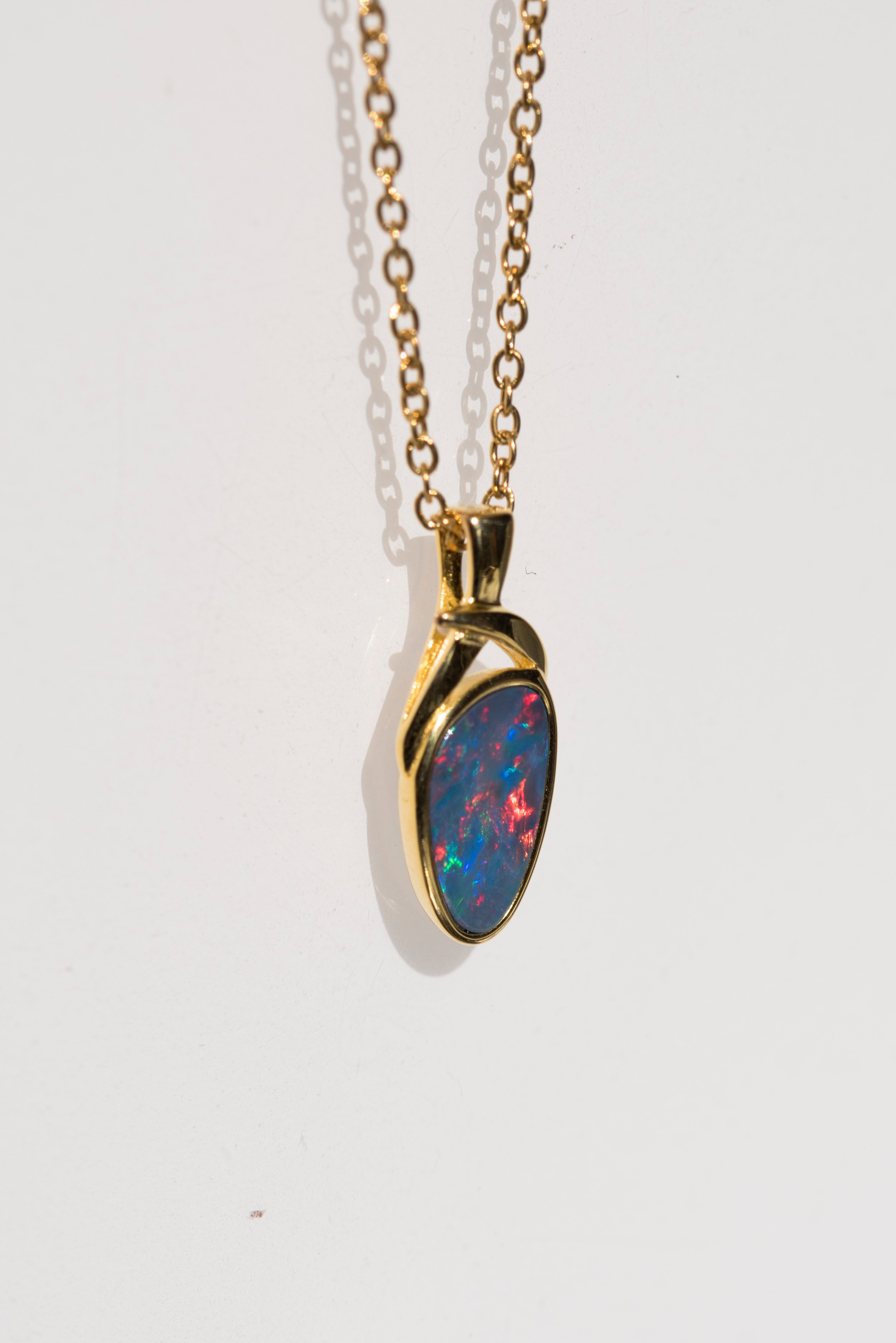 Genuine Australian Fire Opal - Simple Design Australian Doublet Opal Pendant Necklace in Sterling Silver Yellow Gold Plated