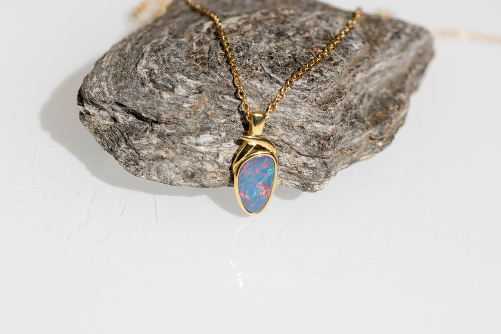 Genuine Australian Fire Opal - Simple Design Australian Doublet Opal Pendant Necklace in Sterling Silver Yellow Gold Plated