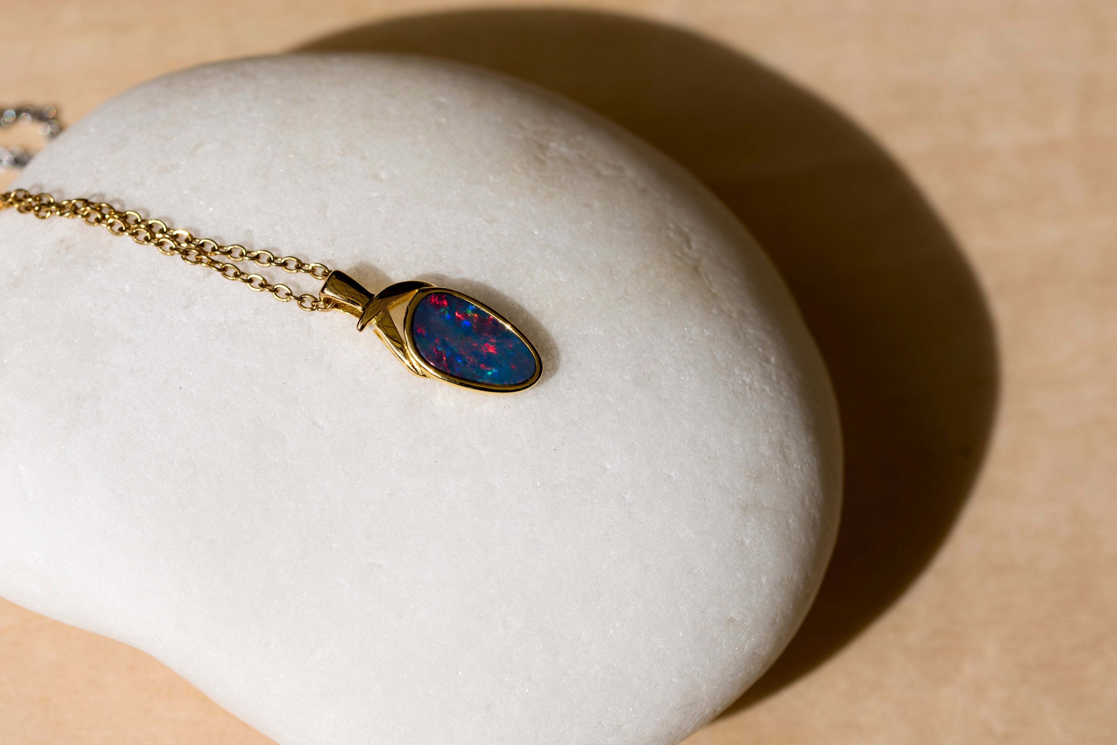 Genuine Australian Fire Opal - Simple Design Australian Doublet Opal Pendant Necklace in Sterling Silver Yellow Gold Plated