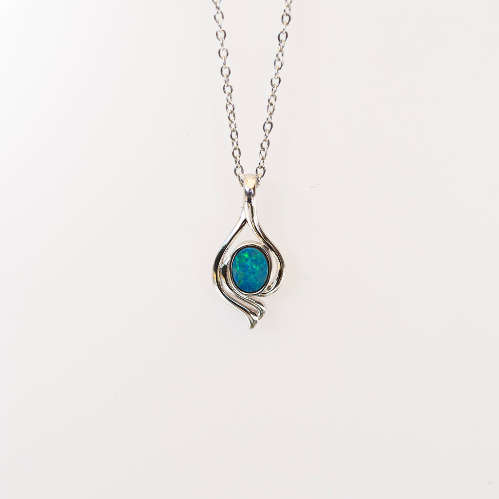 Genuine Australian Opal - Blue Green Opal Pendant - Authentic Australian Doublet Opal Necklace in Sterling Silver White Gold Plated