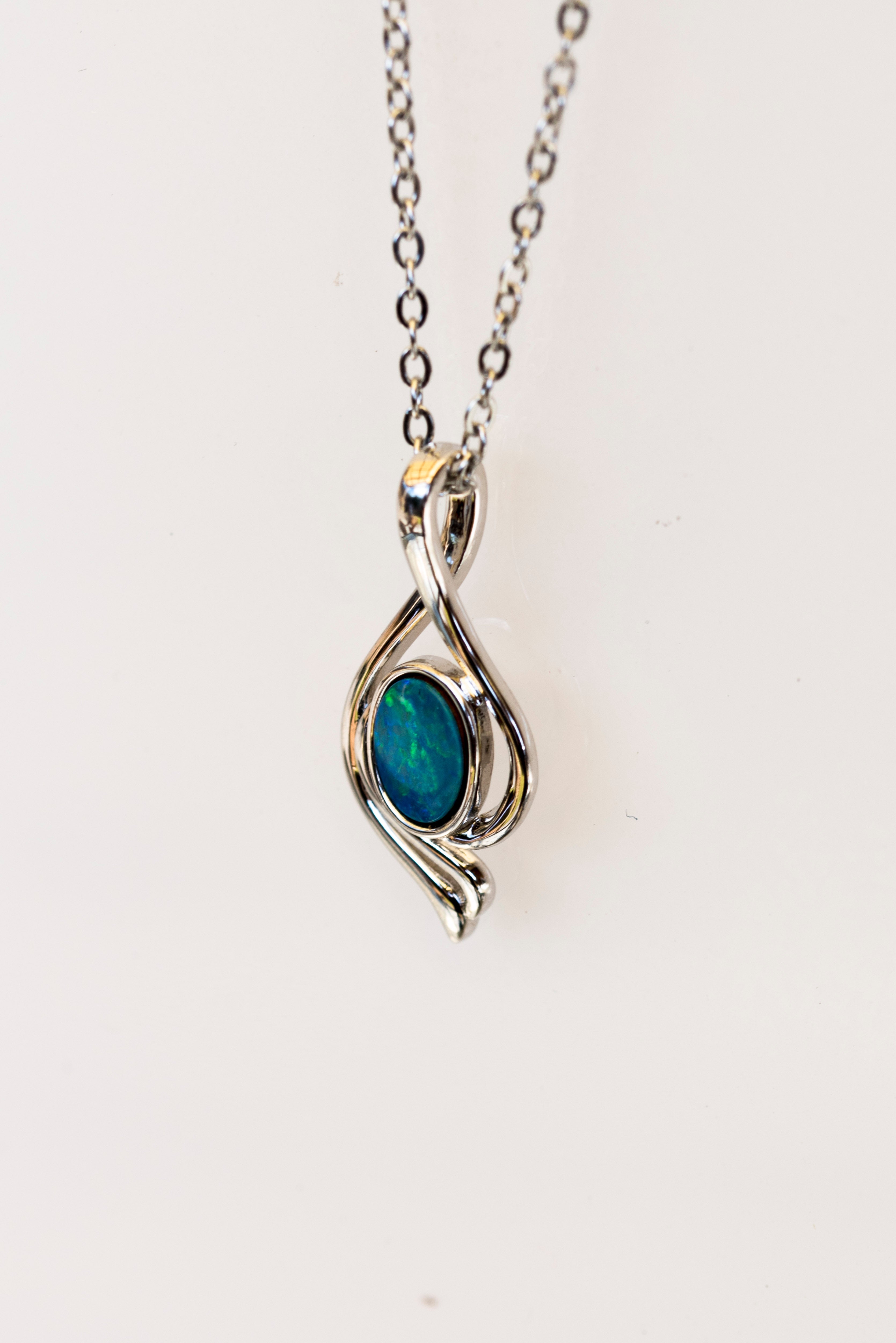 Genuine Australian Opal - Blue Green Opal Pendant - Authentic Australian Doublet Opal Necklace in Sterling Silver White Gold Plated