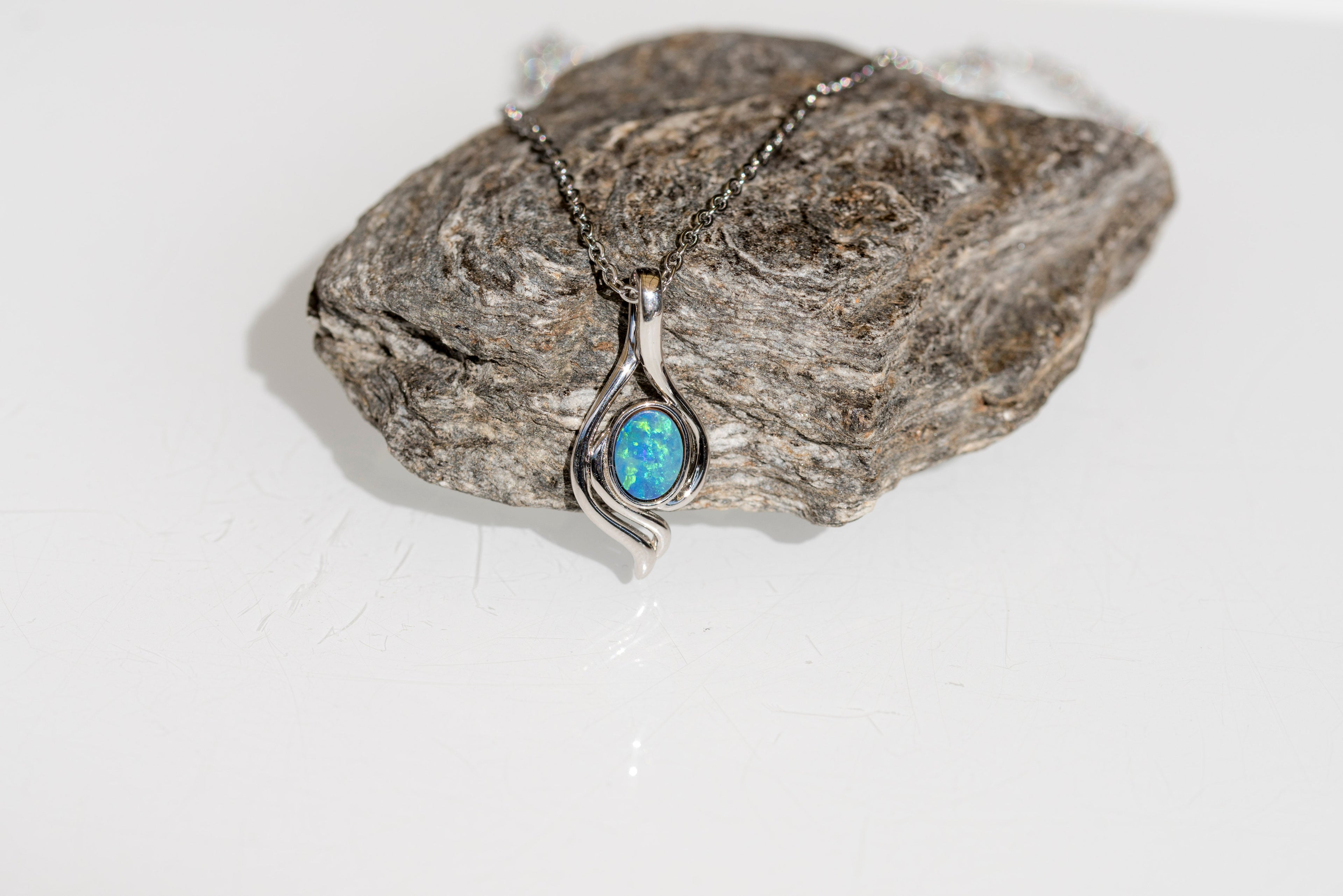 Genuine Australian Opal - Blue Green Opal Pendant - Authentic Australian Doublet Opal Necklace in Sterling Silver White Gold Plated