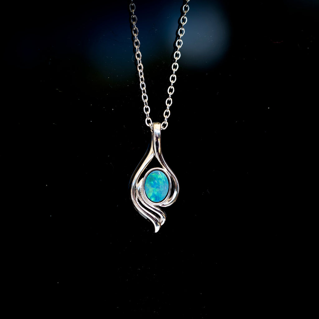 Genuine Australian Opal - Blue Green Opal Pendant - Authentic Australian Doublet Opal Necklace in Sterling Silver White Gold Plated