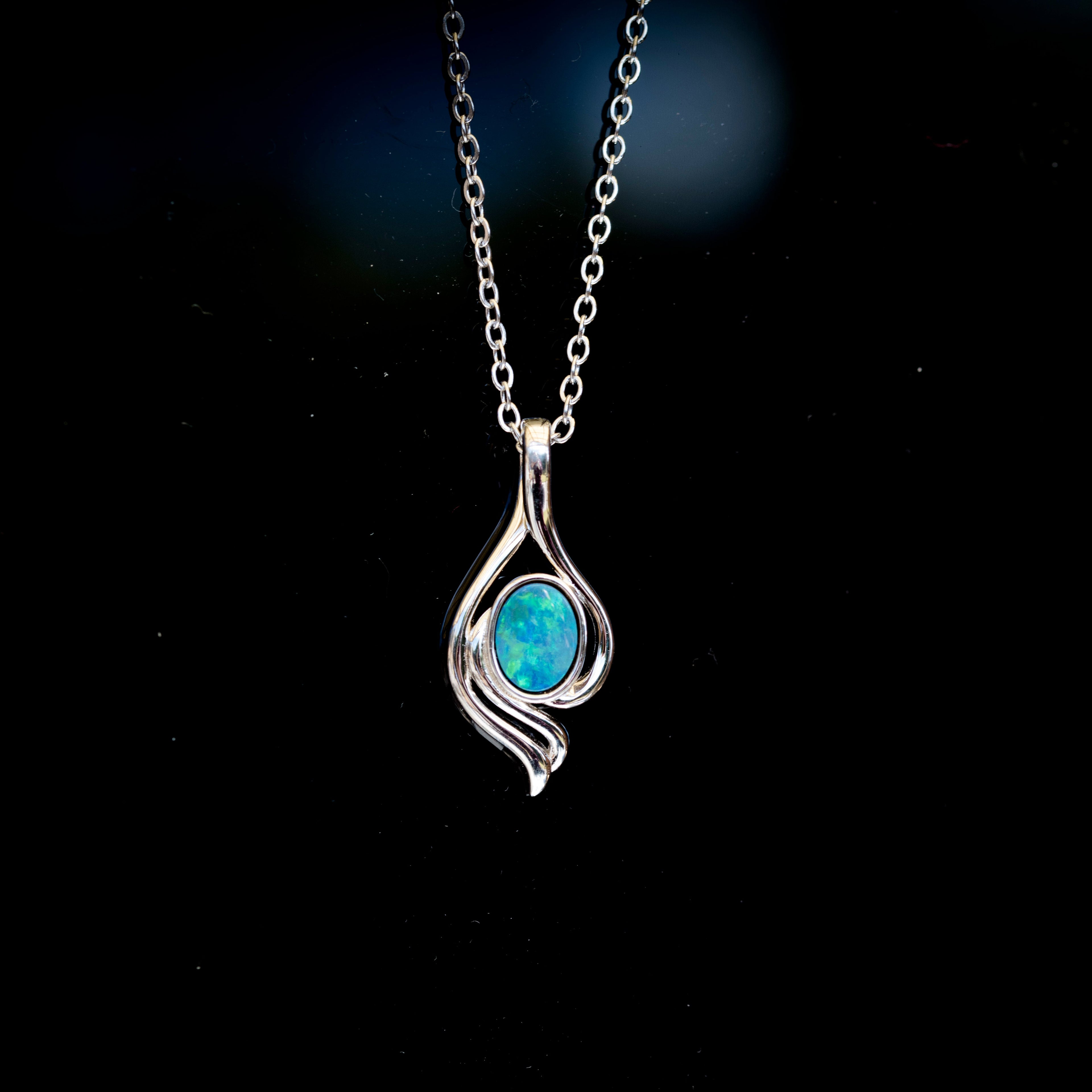 Genuine Australian Opal - Blue Green Opal Pendant - Authentic Australian Doublet Opal Necklace in Sterling Silver White Gold Plated