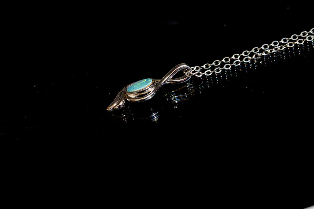 Genuine Australian Opal - Blue Green Opal Pendant - Authentic Australian Doublet Opal Necklace in Sterling Silver White Gold Plated