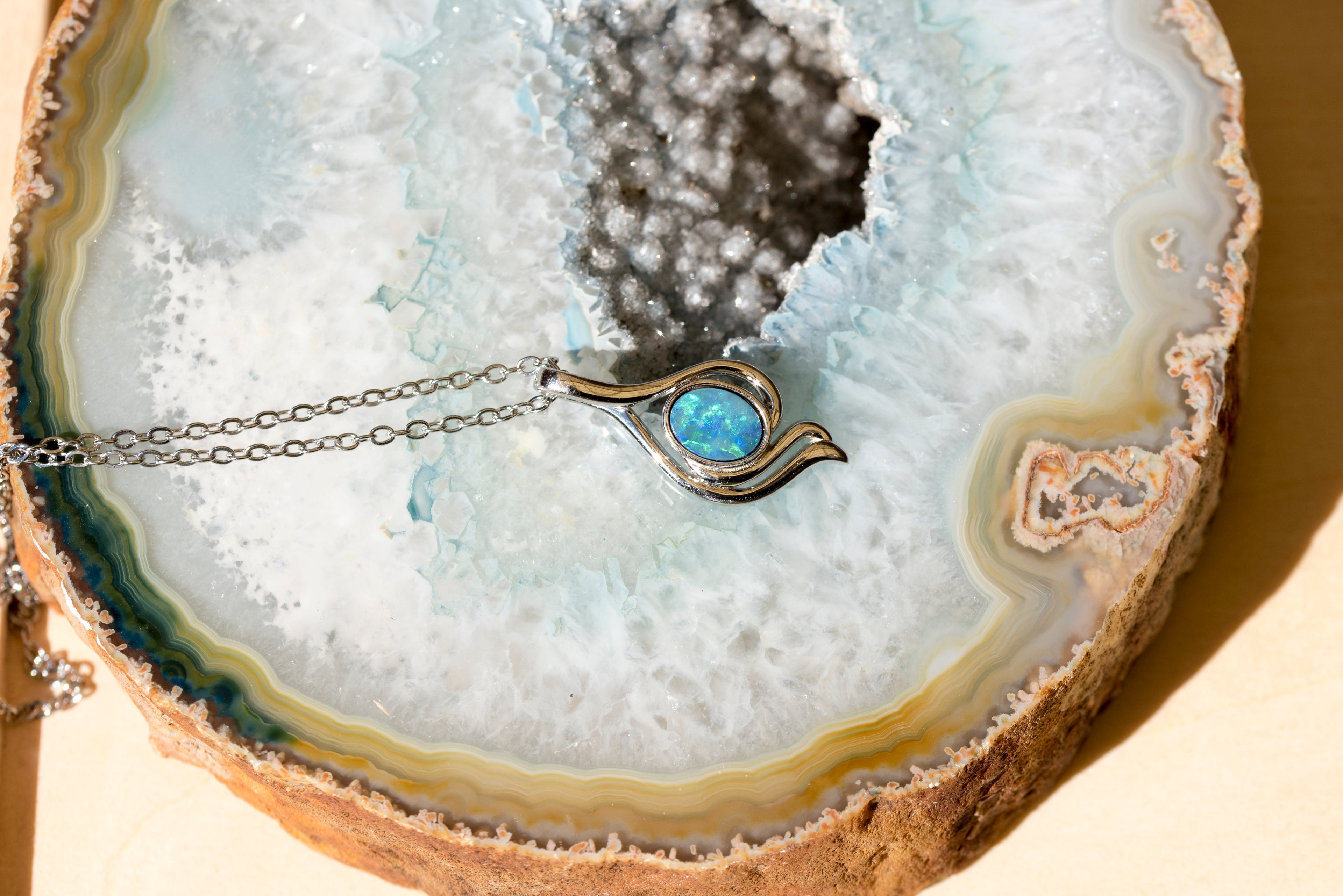 Genuine Australian Opal - Blue Green Opal Pendant - Authentic Australian Doublet Opal Necklace in Sterling Silver White Gold Plated