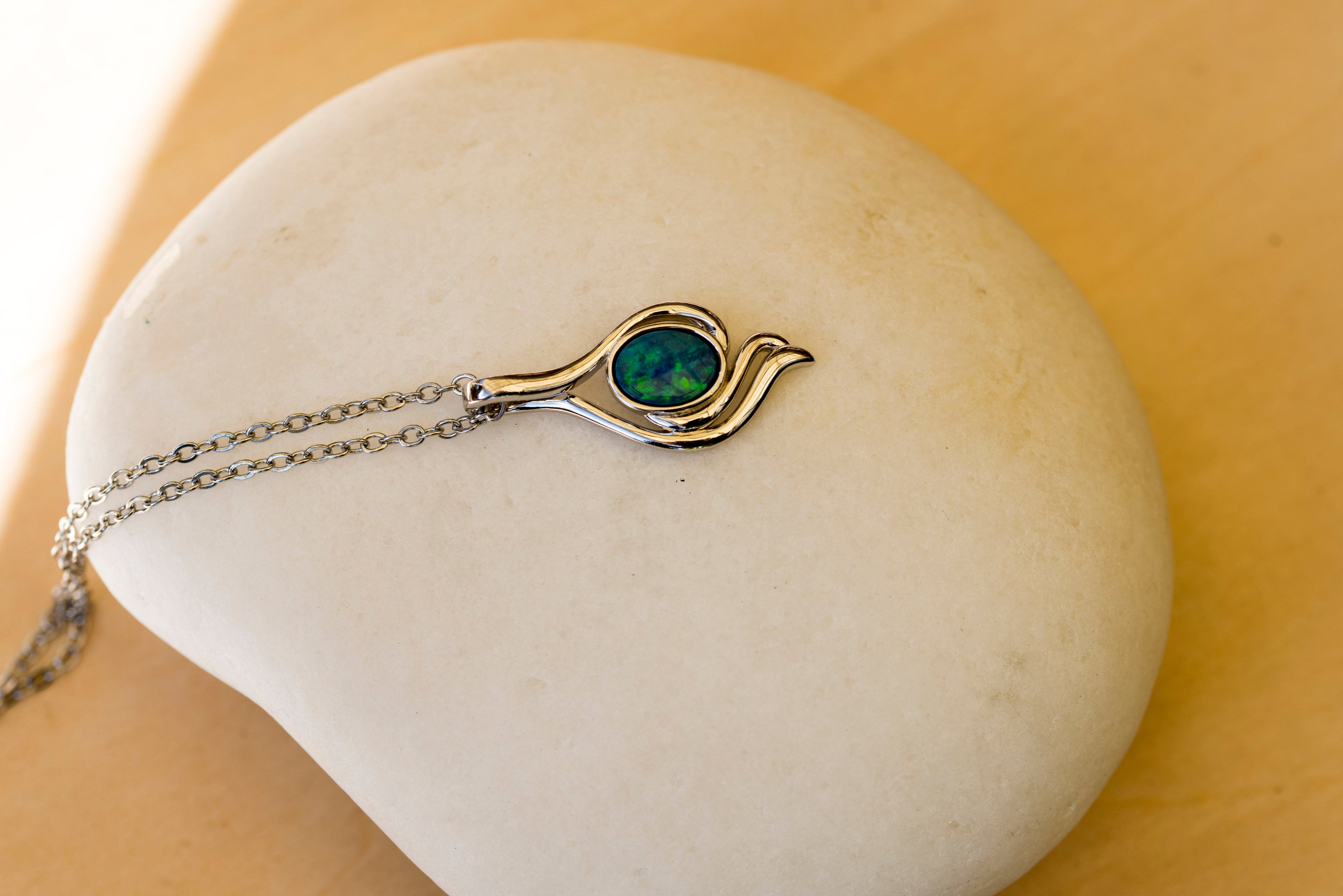 Genuine Australian Opal - Blue Green Opal Pendant - Authentic Australian Doublet Opal Necklace in Sterling Silver White Gold Plated