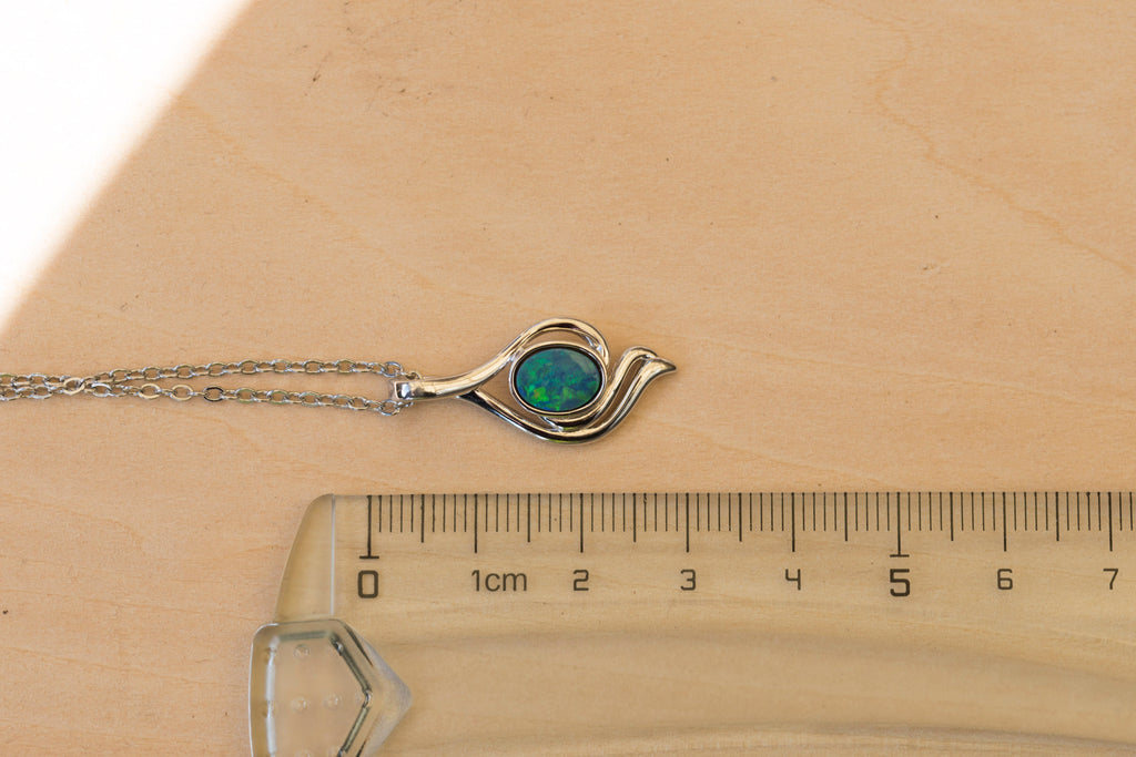 Genuine Australian Opal - Blue Green Opal Pendant - Authentic Australian Doublet Opal Necklace in Sterling Silver White Gold Plated
