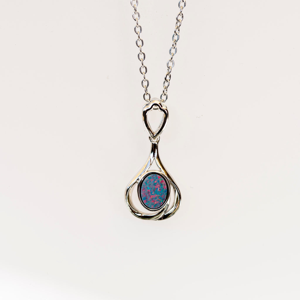 Genuine Australian Opal - Multi Color Opal Pendant - Authentic Australian Doublet Opal Necklace in Sterling Silver White Gold Plated