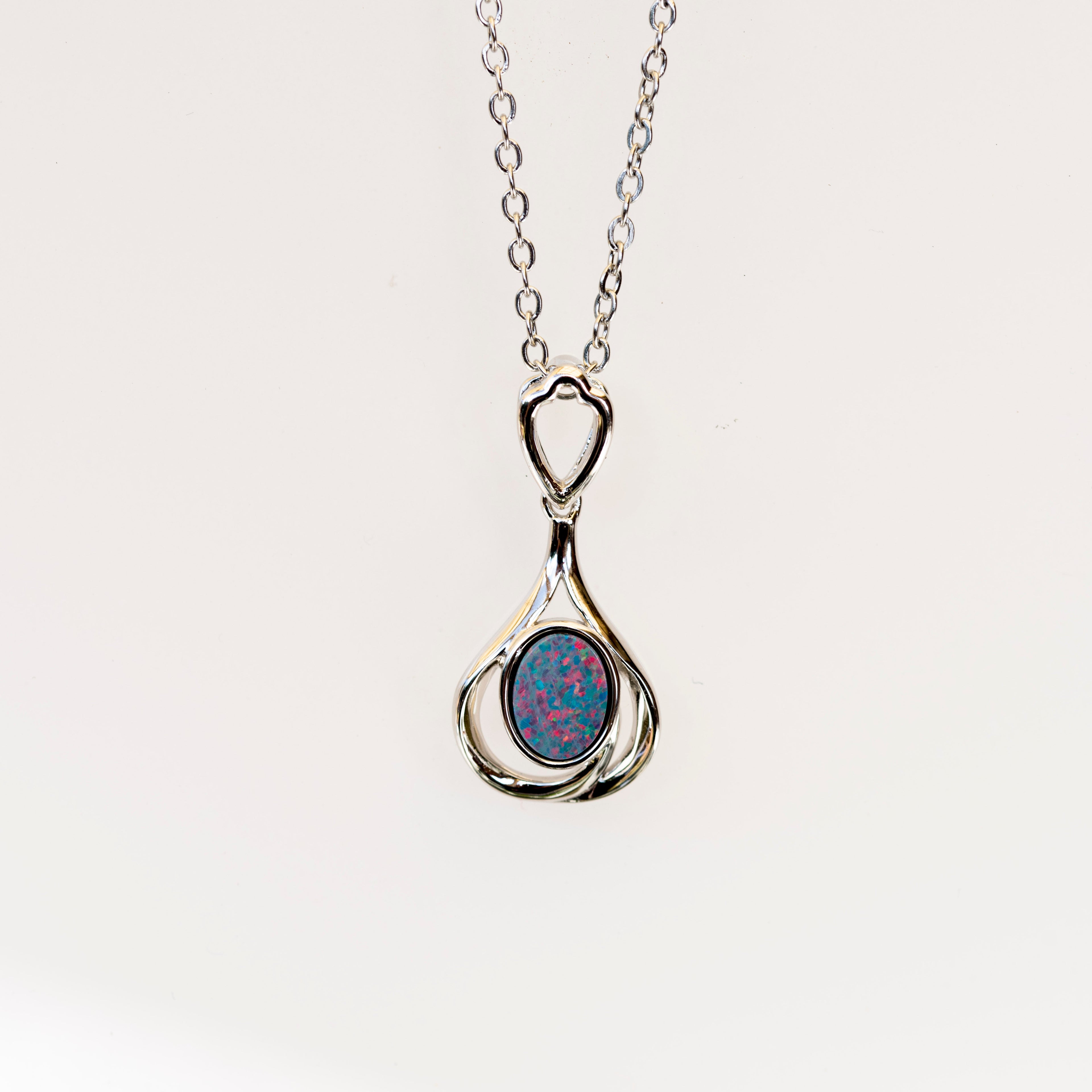 Genuine Australian Opal - Multi Color Opal Pendant - Authentic Australian Doublet Opal Necklace in Sterling Silver White Gold Plated