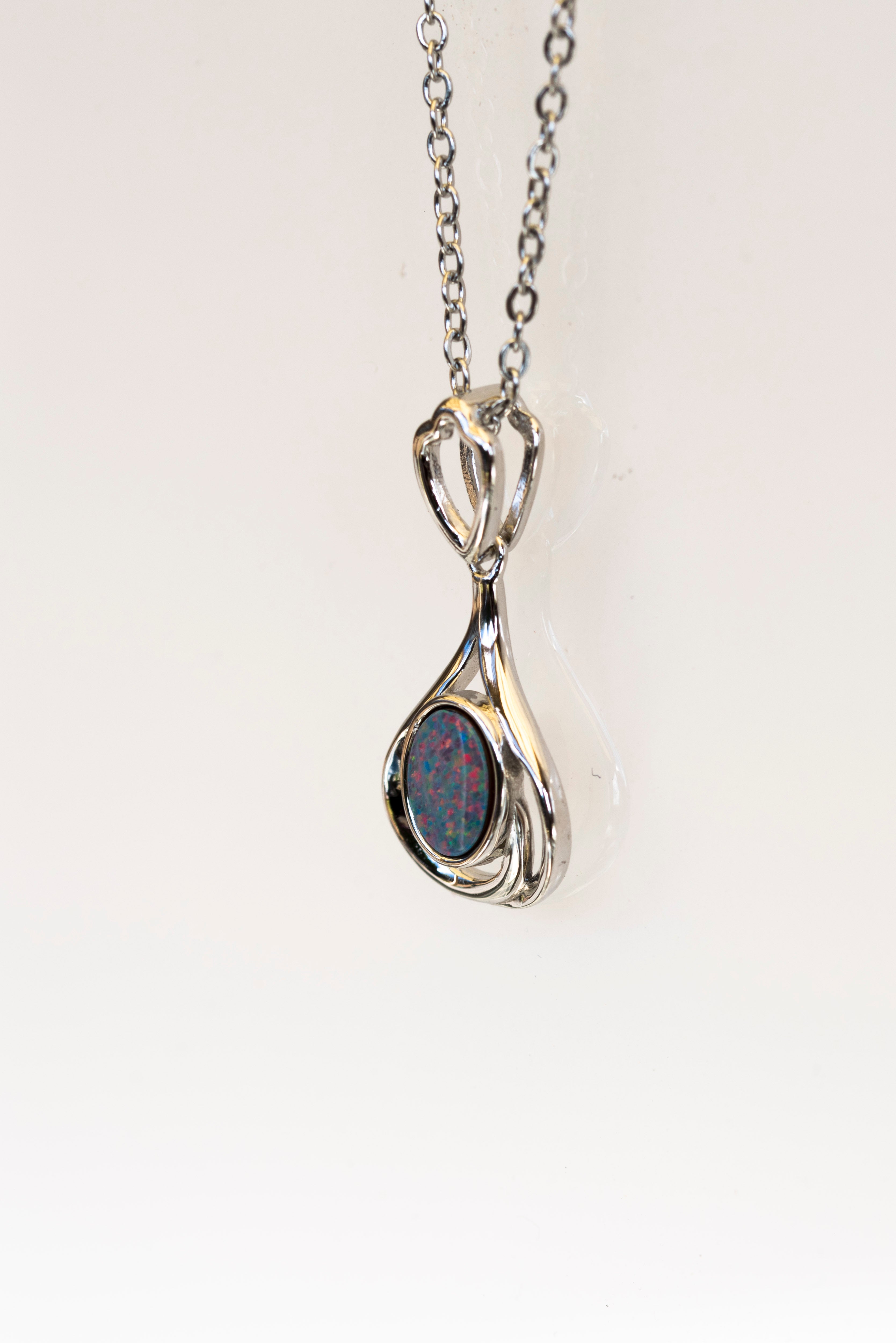 Genuine Australian Opal - Multi Color Opal Pendant - Authentic Australian Doublet Opal Necklace in Sterling Silver White Gold Plated