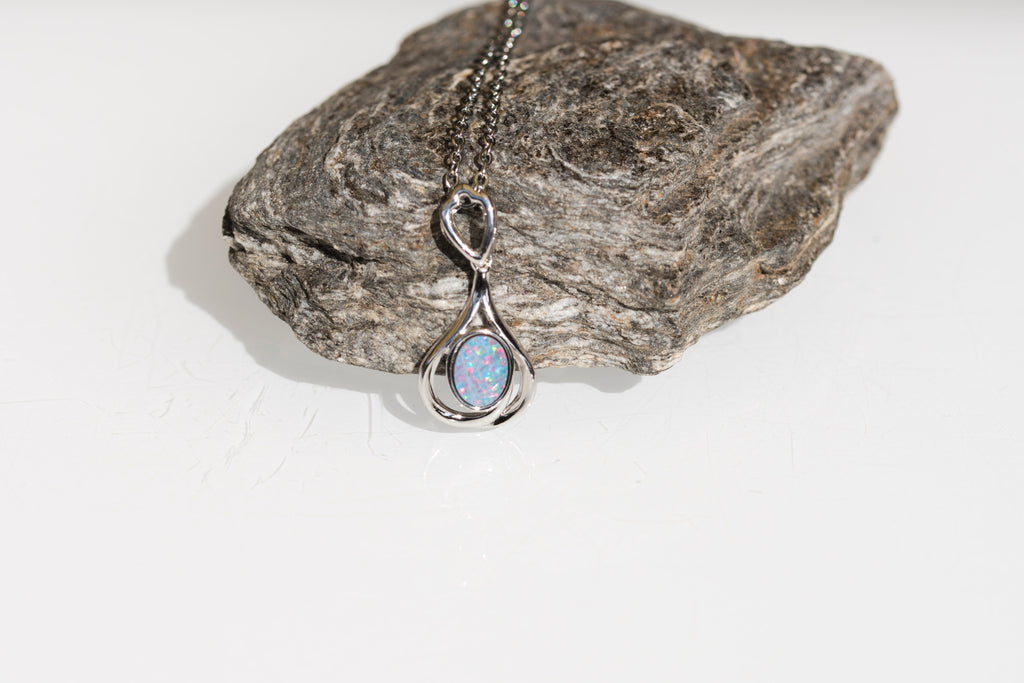Genuine Australian Opal - Multi Color Opal Pendant - Authentic Australian Doublet Opal Necklace in Sterling Silver White Gold Plated