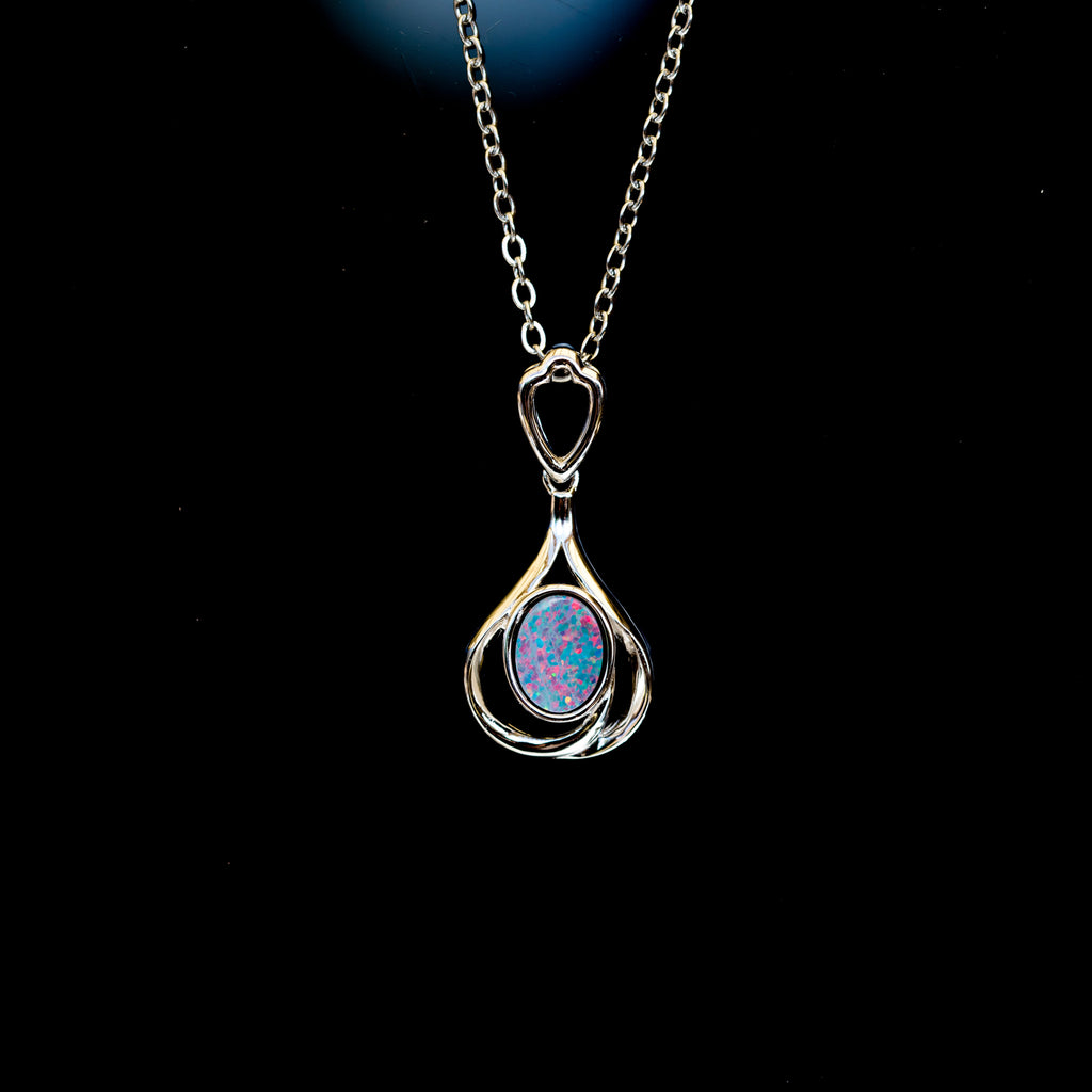 Genuine Australian Opal - Multi Color Opal Pendant - Authentic Australian Doublet Opal Necklace in Sterling Silver White Gold Plated