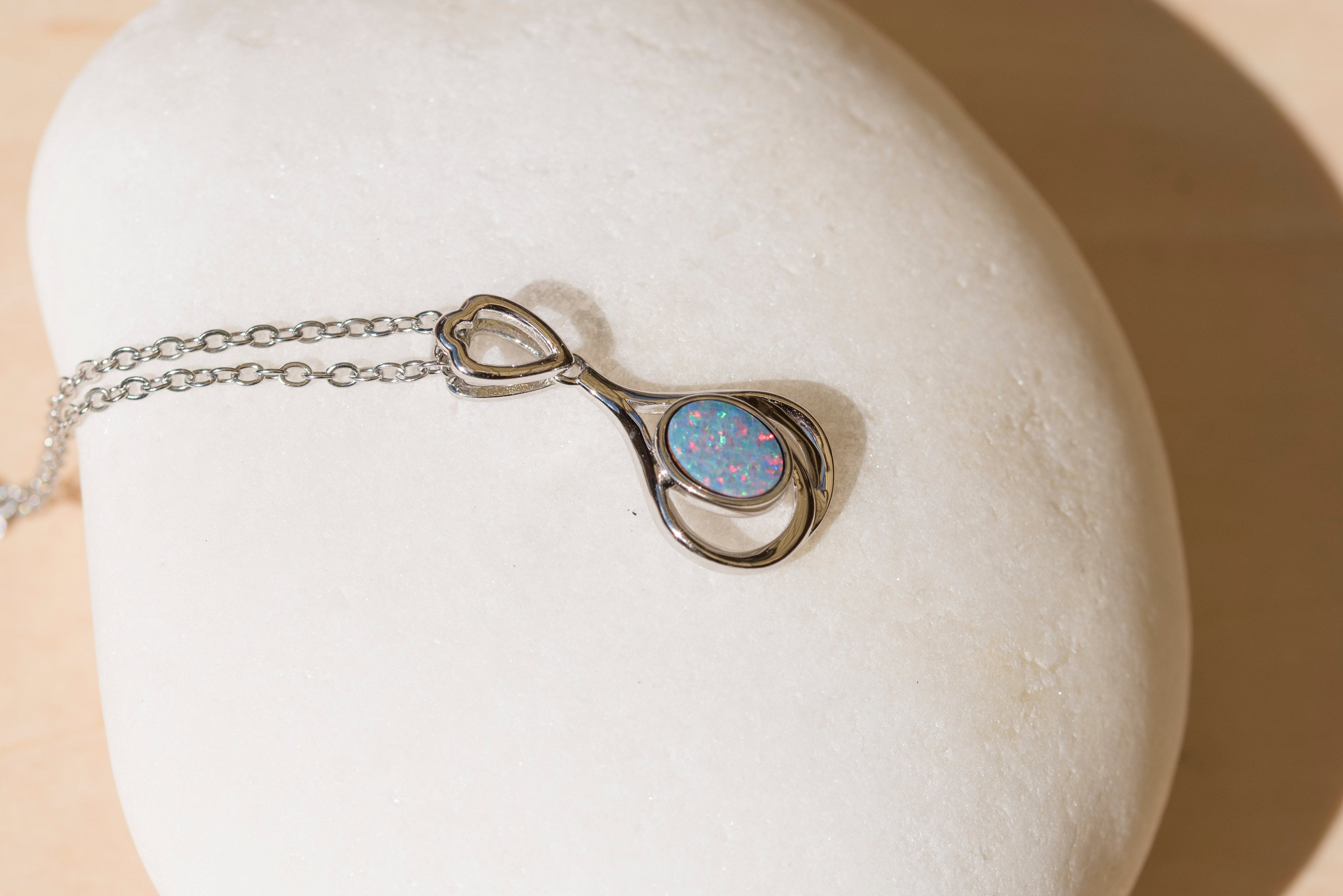 Genuine Australian Opal - Multi Color Opal Pendant - Authentic Australian Doublet Opal Necklace in Sterling Silver White Gold Plated