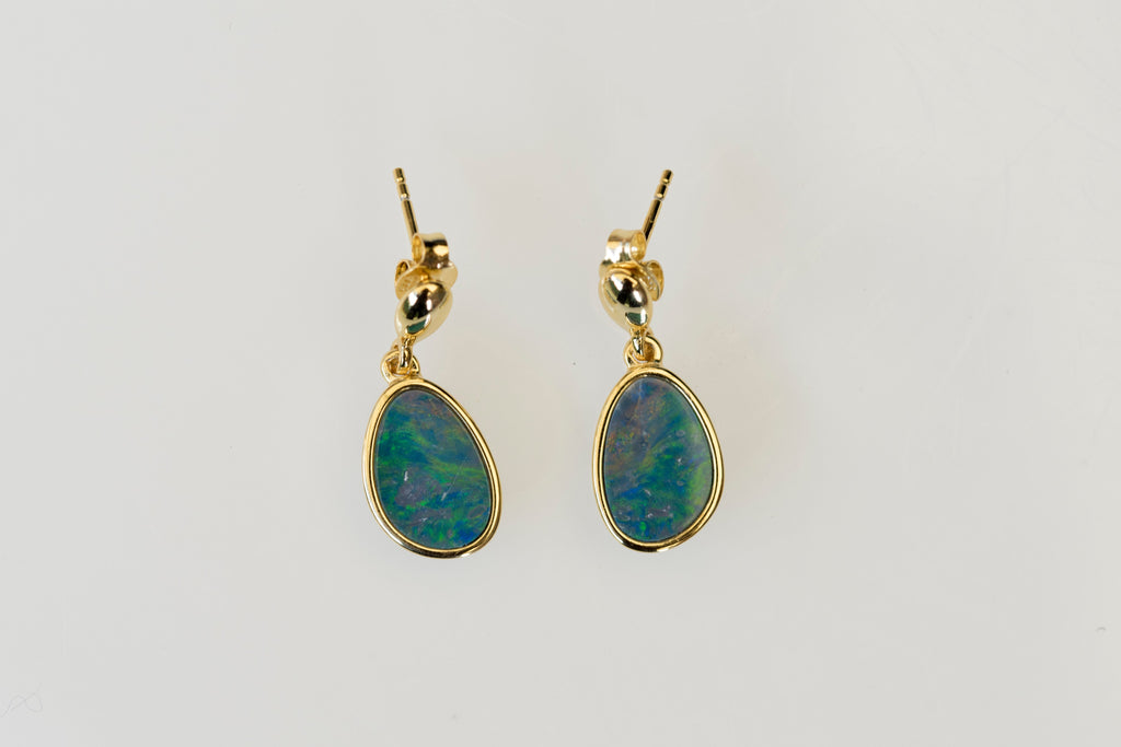 Genuine Australian Fire Opal Earring - Australian Doublet Opal Earrings in Sterling Silver Yellow Gold Plated