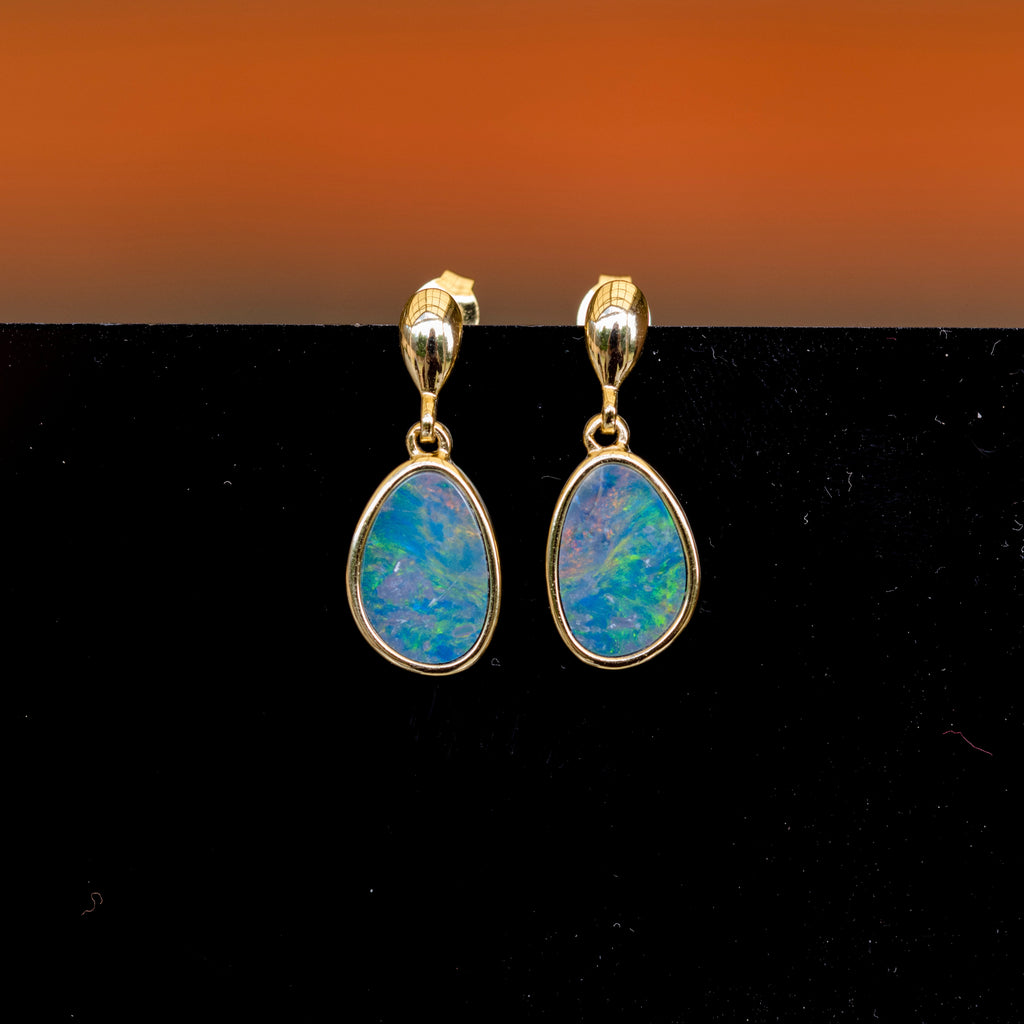 Genuine Australian Fire Opal Earring - Australian Doublet Opal Earrings in Sterling Silver Yellow Gold Plated
