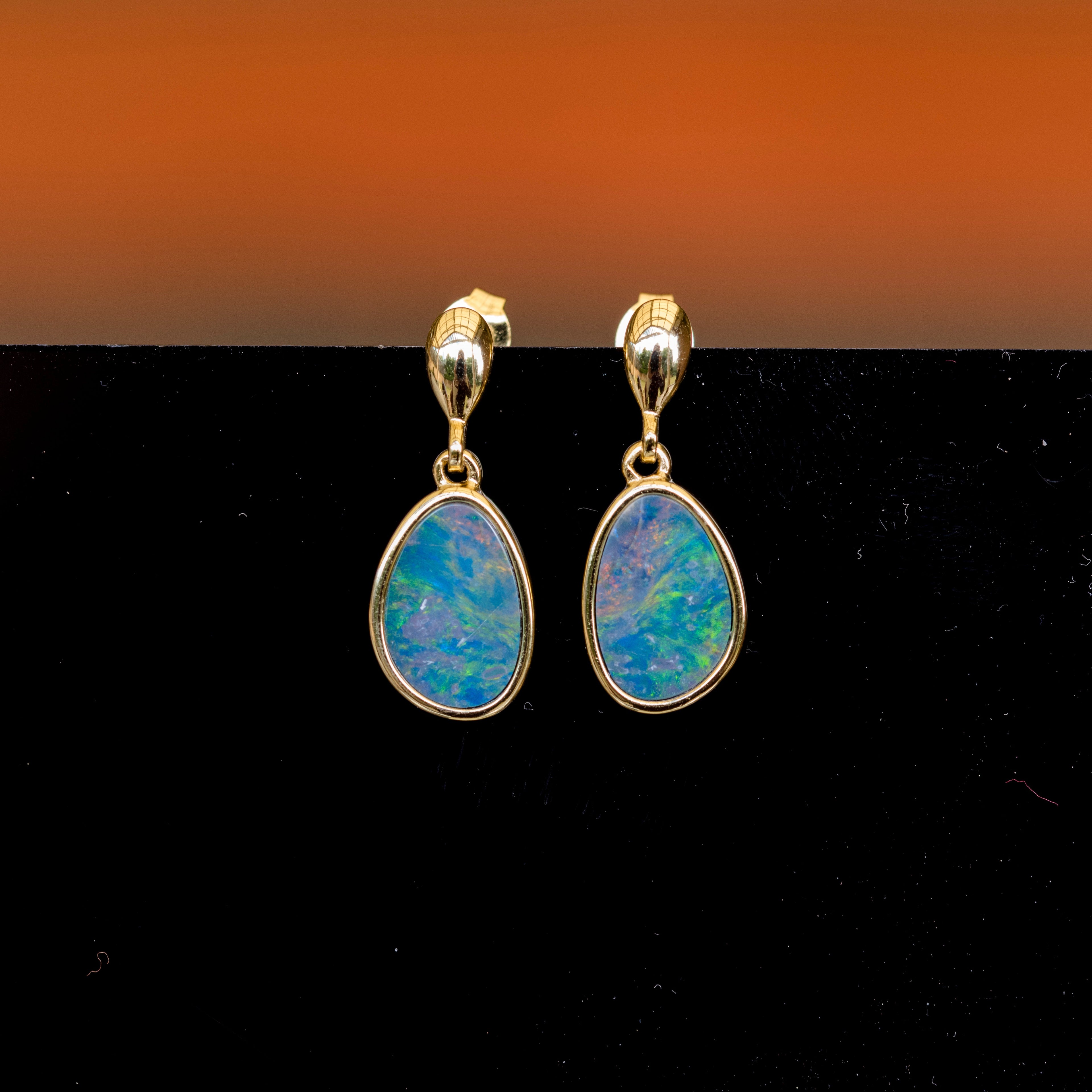 Genuine Australian Fire Opal Earring - Australian Doublet Opal Earrings in Sterling Silver Yellow Gold Plated