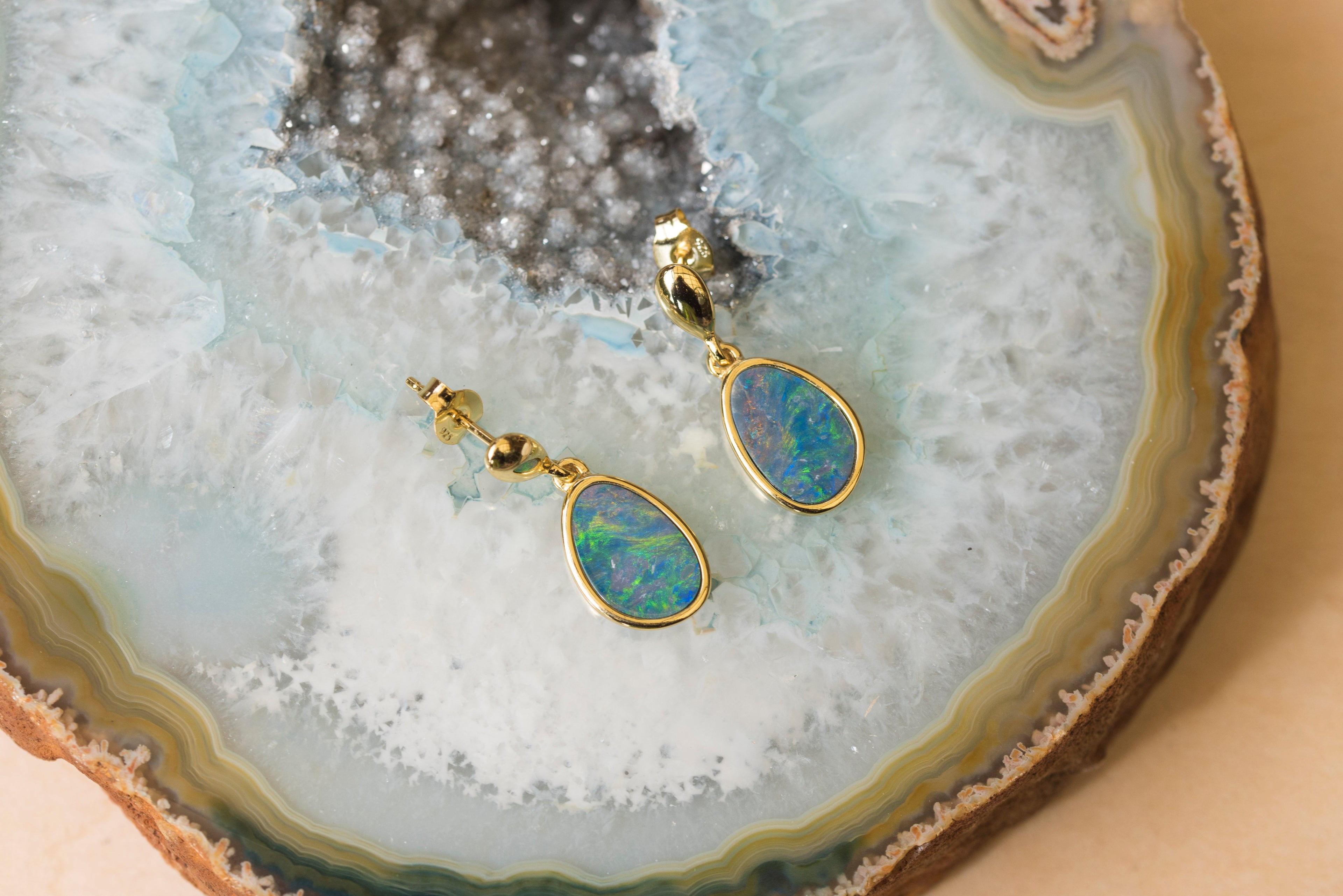 Genuine Australian Fire Opal Earring - Australian Doublet Opal Earrings in Sterling Silver Yellow Gold Plated