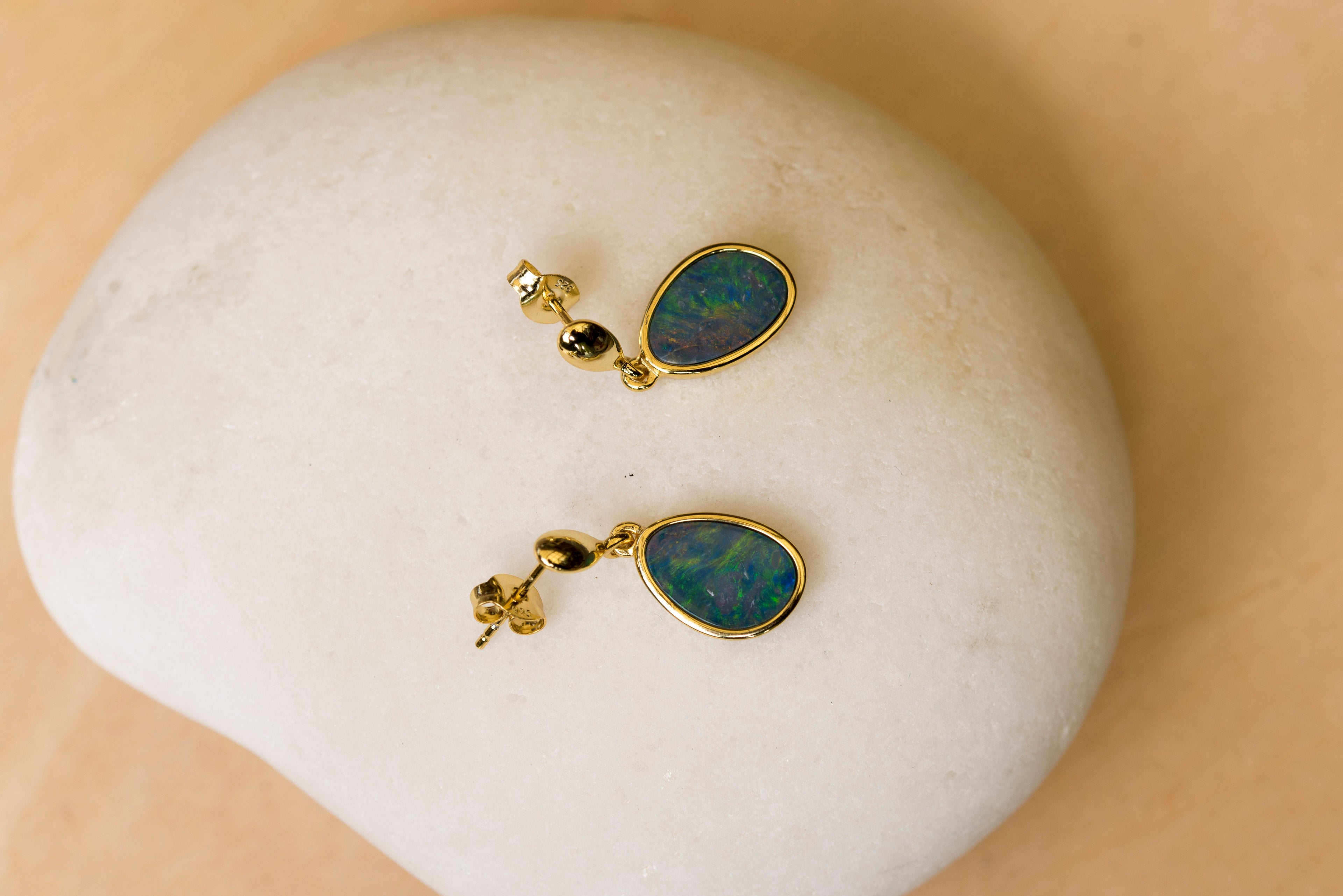 Genuine Australian Fire Opal Earring - Australian Doublet Opal Earrings in Sterling Silver Yellow Gold Plated