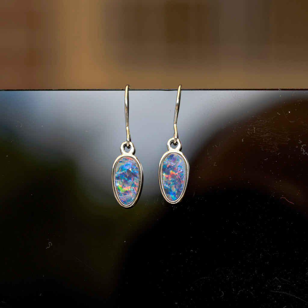 Genuine Australian Fire Opal - Luxury Design Australian Doublet Opal Earrings in Sterling Silver White Gold Plated