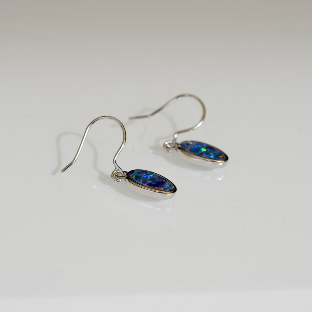 Genuine Australian Fire Opal - Luxury Design Australian Doublet Opal Earrings in Sterling Silver White Gold Plated