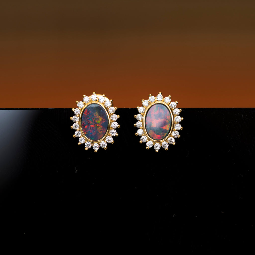 Genuine Australian Fire Opal - Australian Doublet Opal Earrings in Sterling Silver Yellow Gold Plated