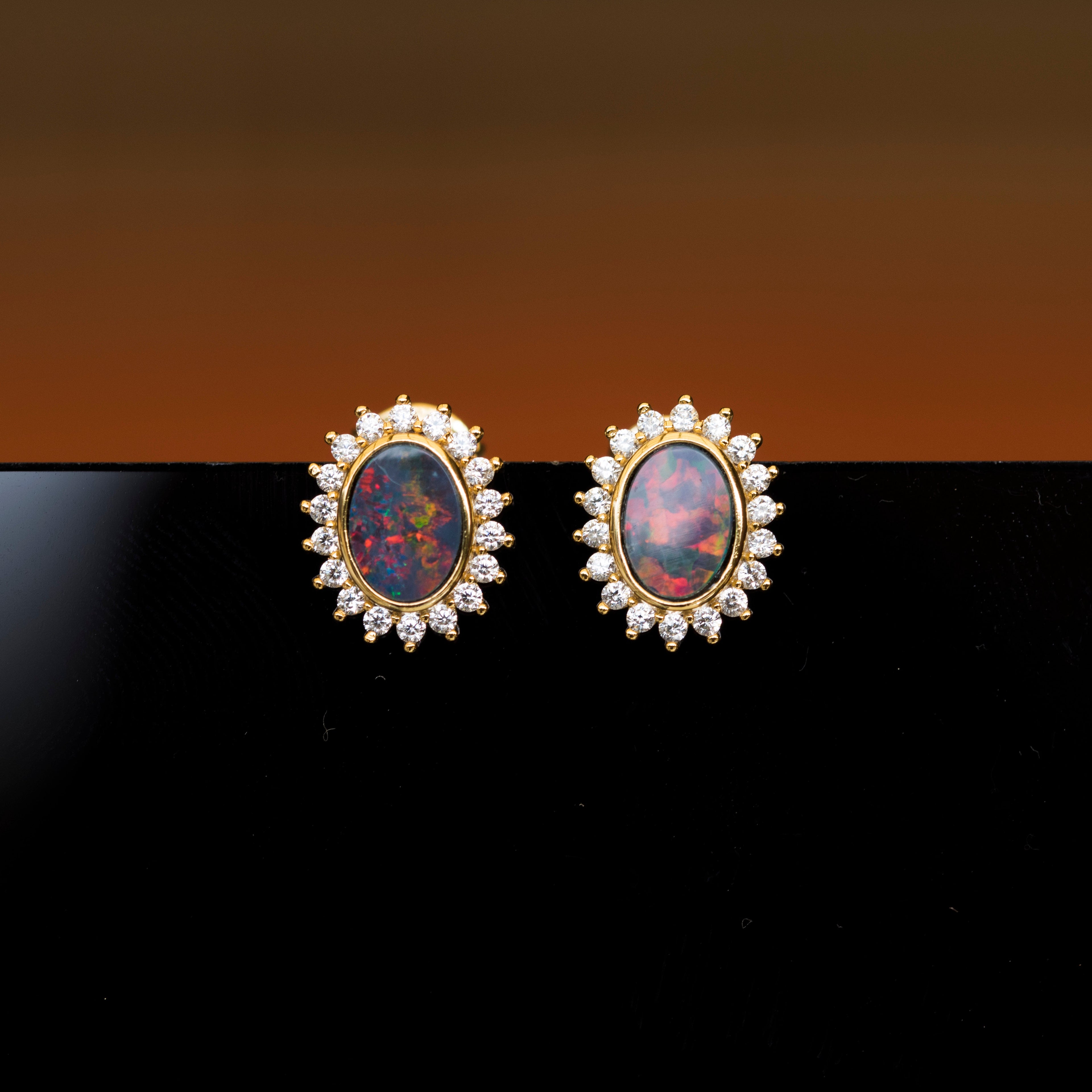 Genuine Australian Fire Opal - Australian Doublet Opal Earrings in Sterling Silver Yellow Gold Plated