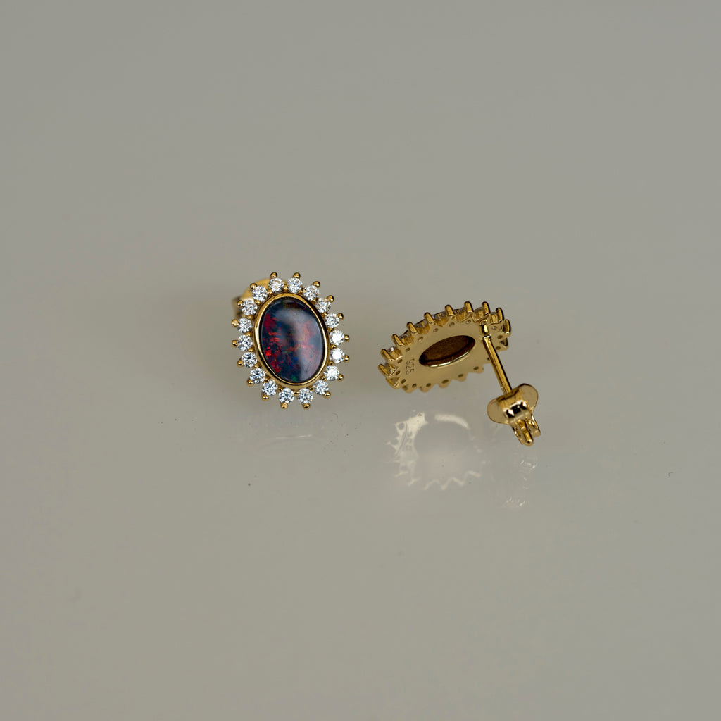 Genuine Australian Fire Opal - Australian Doublet Opal Earrings in Sterling Silver Yellow Gold Plated