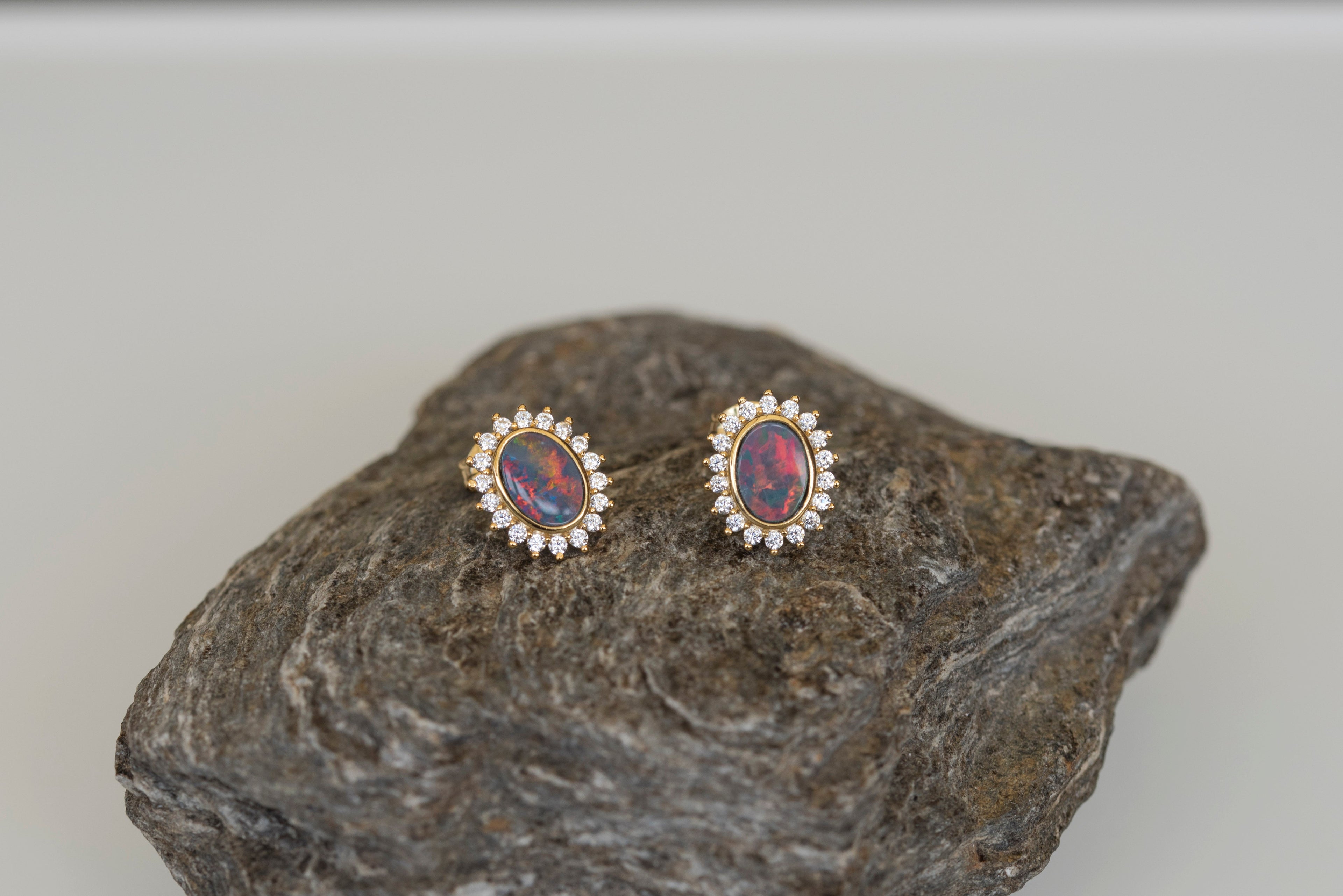 Genuine Australian Fire Opal - Australian Doublet Opal Earrings in Sterling Silver Yellow Gold Plated