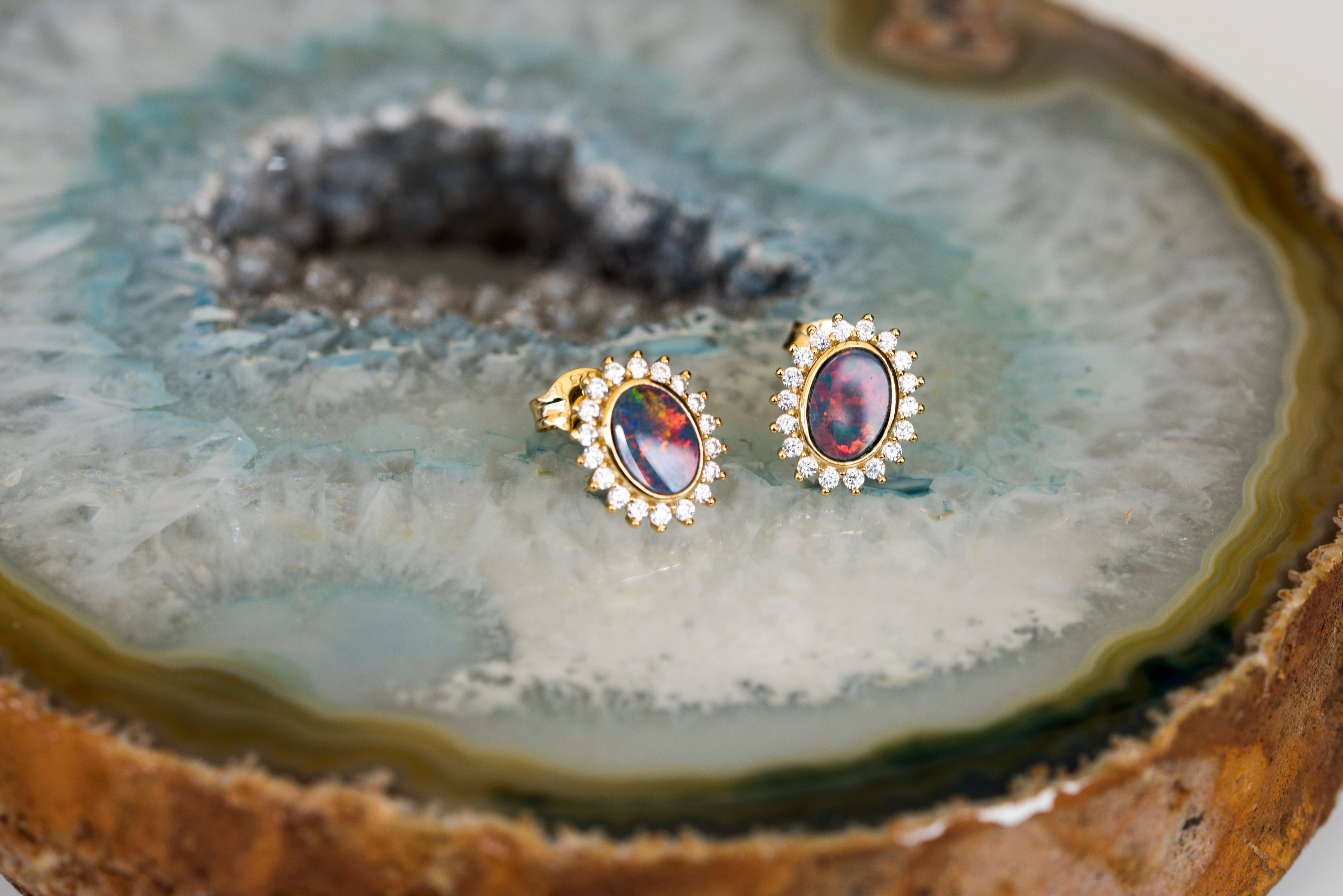 Genuine Australian Fire Opal - Australian Doublet Opal Earrings in Sterling Silver Yellow Gold Plated