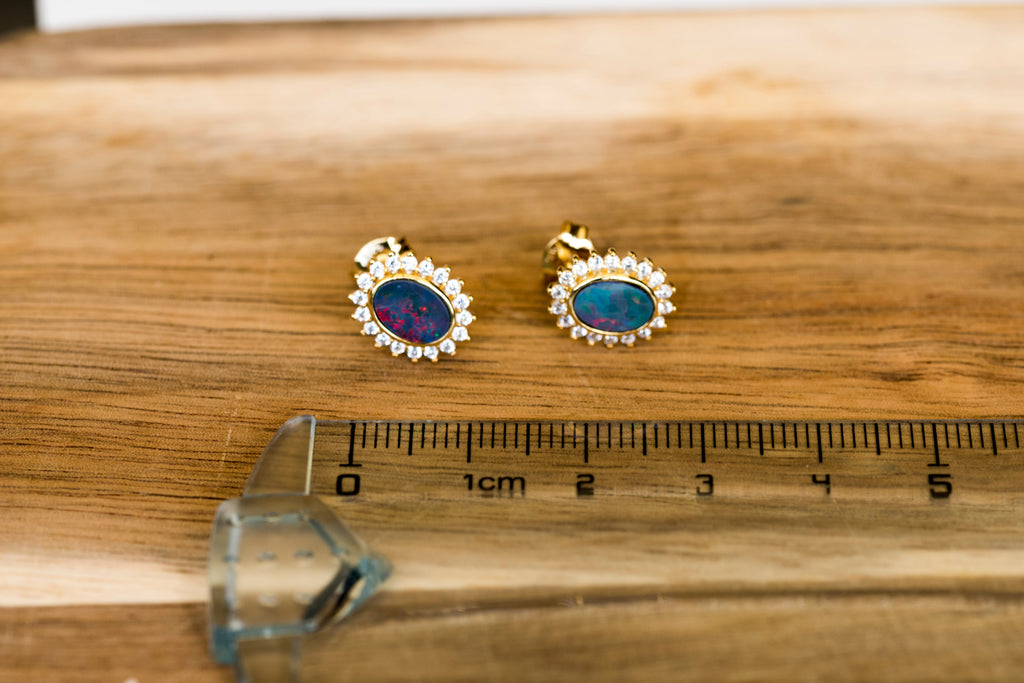 Genuine Australian Fire Opal - Australian Doublet Opal Earrings in Sterling Silver Yellow Gold Plated