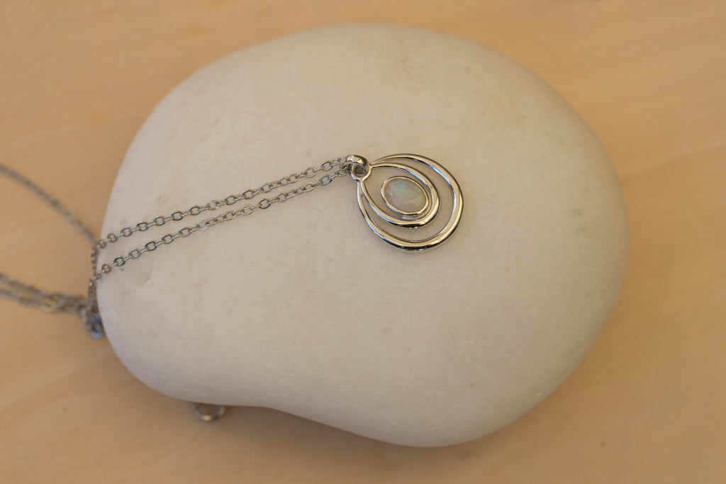 Genuine Australian Opal - Dainty Pendant - Multi Color Fire Opal - Australian Solid Opal Necklace Pendant in Sterling Silver White Gold Plated